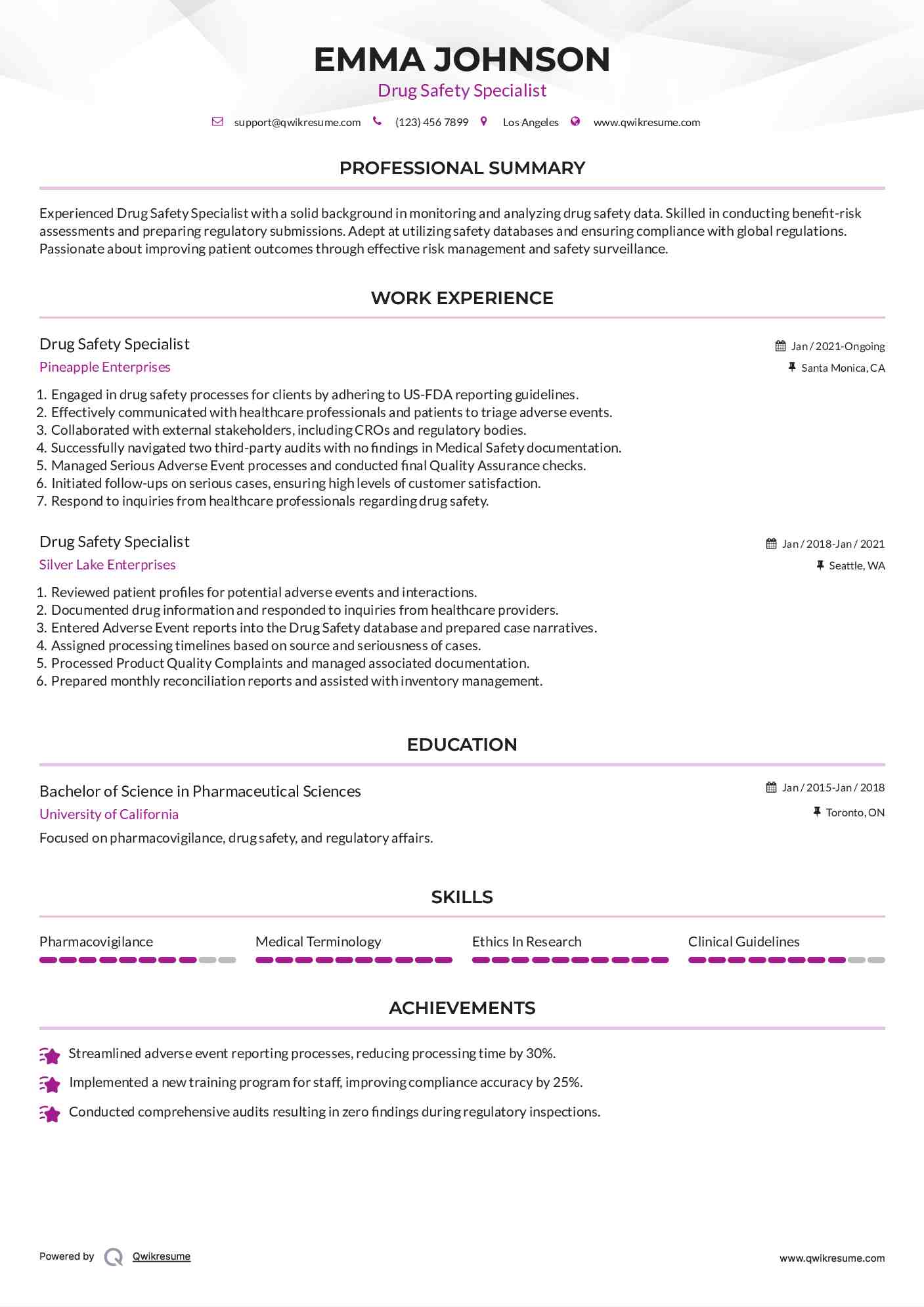 Drug Safety Specialist Resume Example