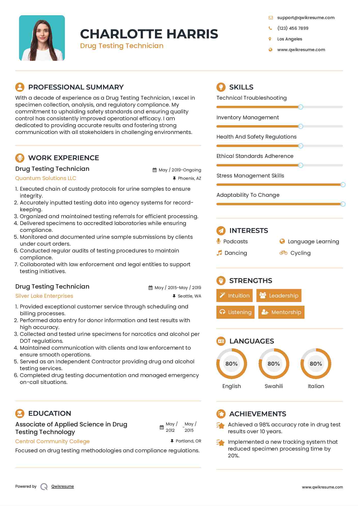 Drug Testing Technician Resume Samples QwikResume