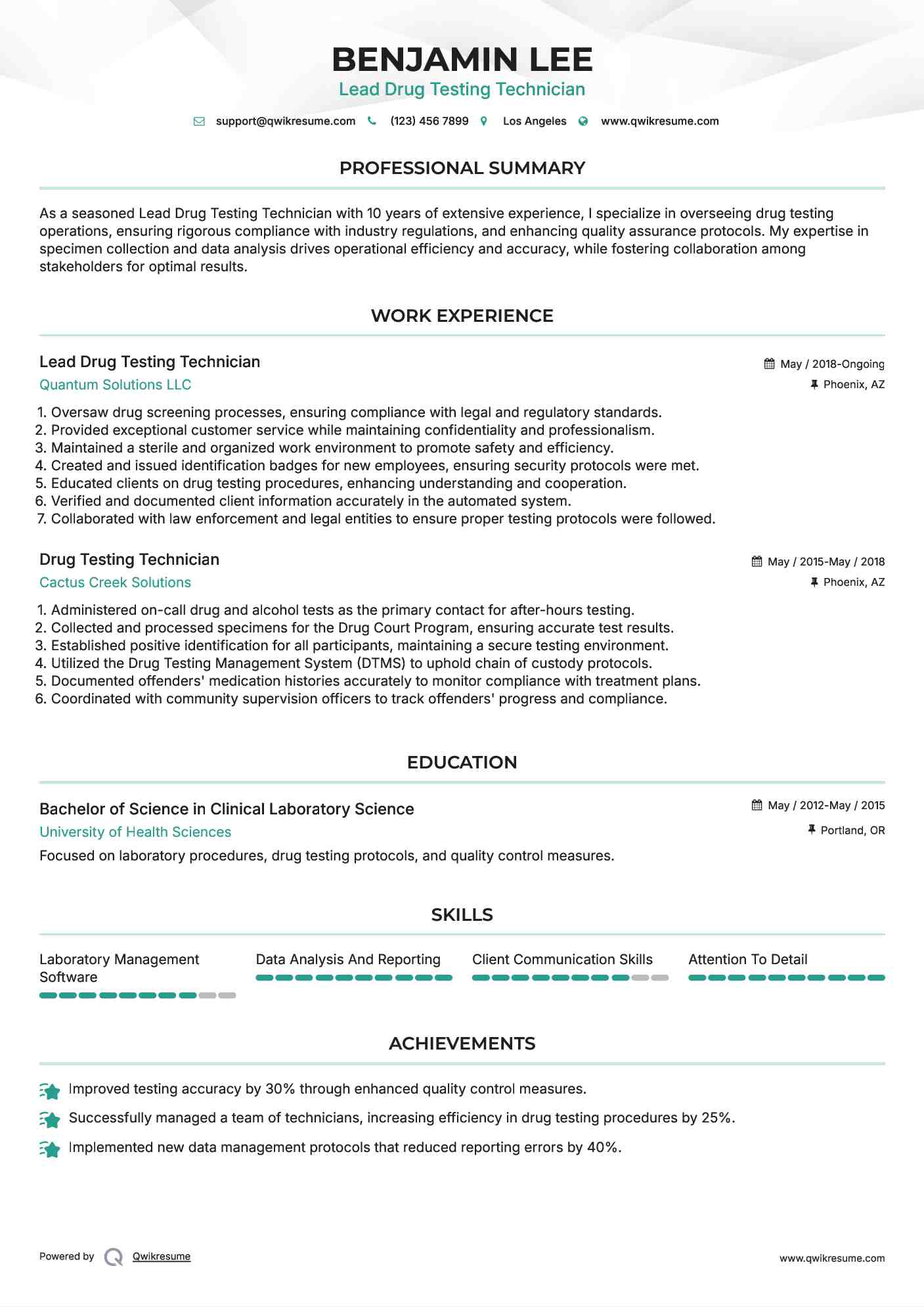 Drug Testing Technician Resume Samples QwikResume