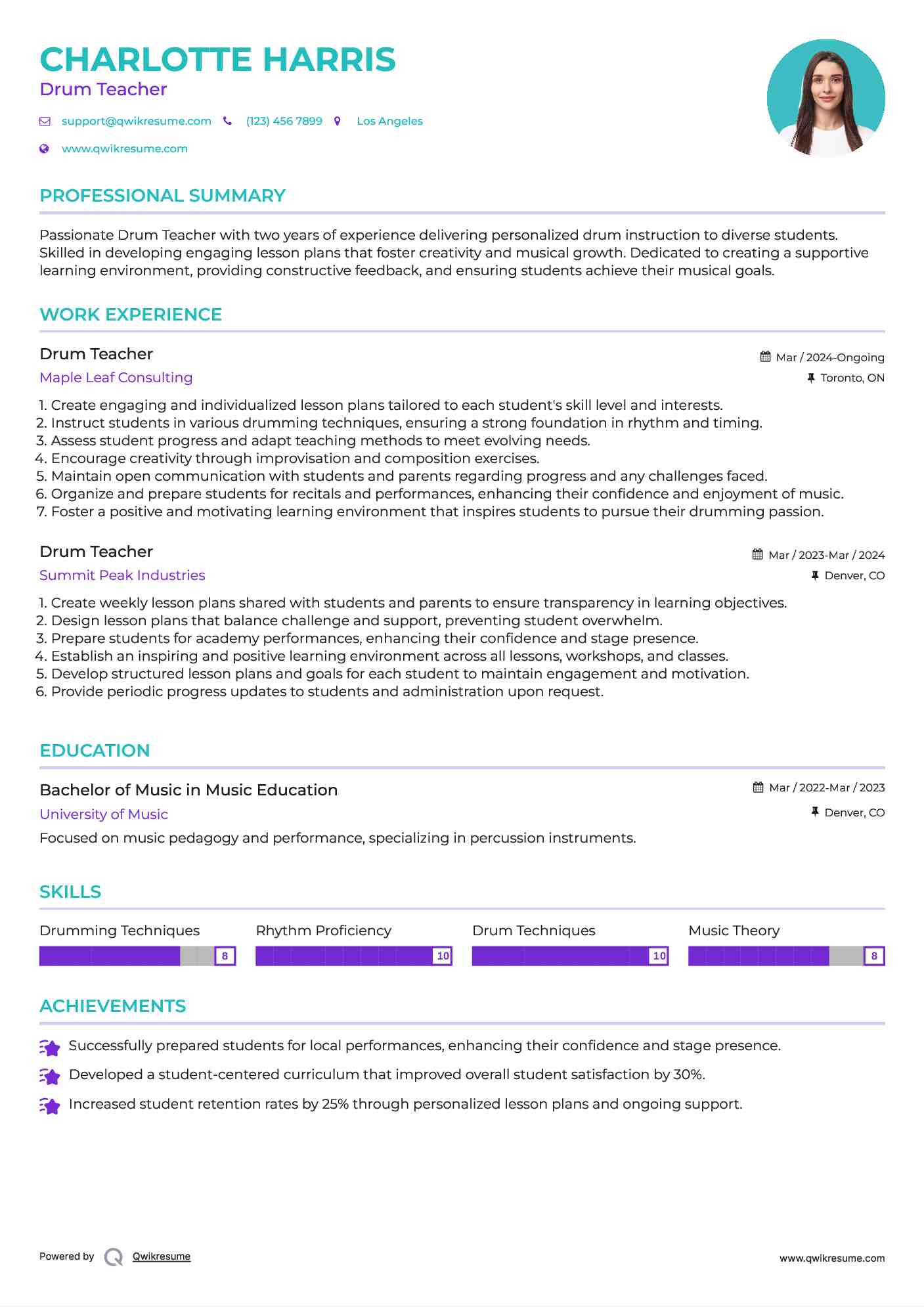 Drum Teacher Resume Format