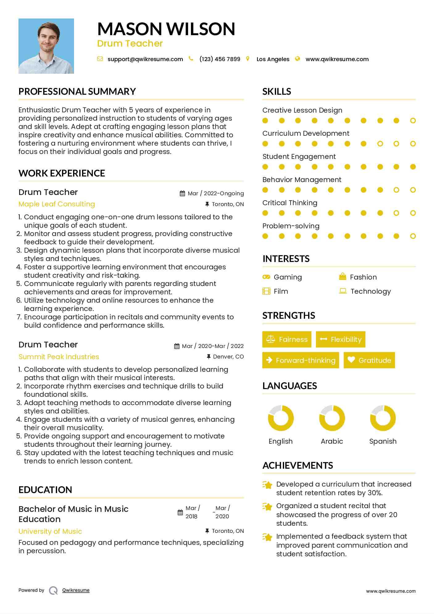 Drum Teacher Resume Format