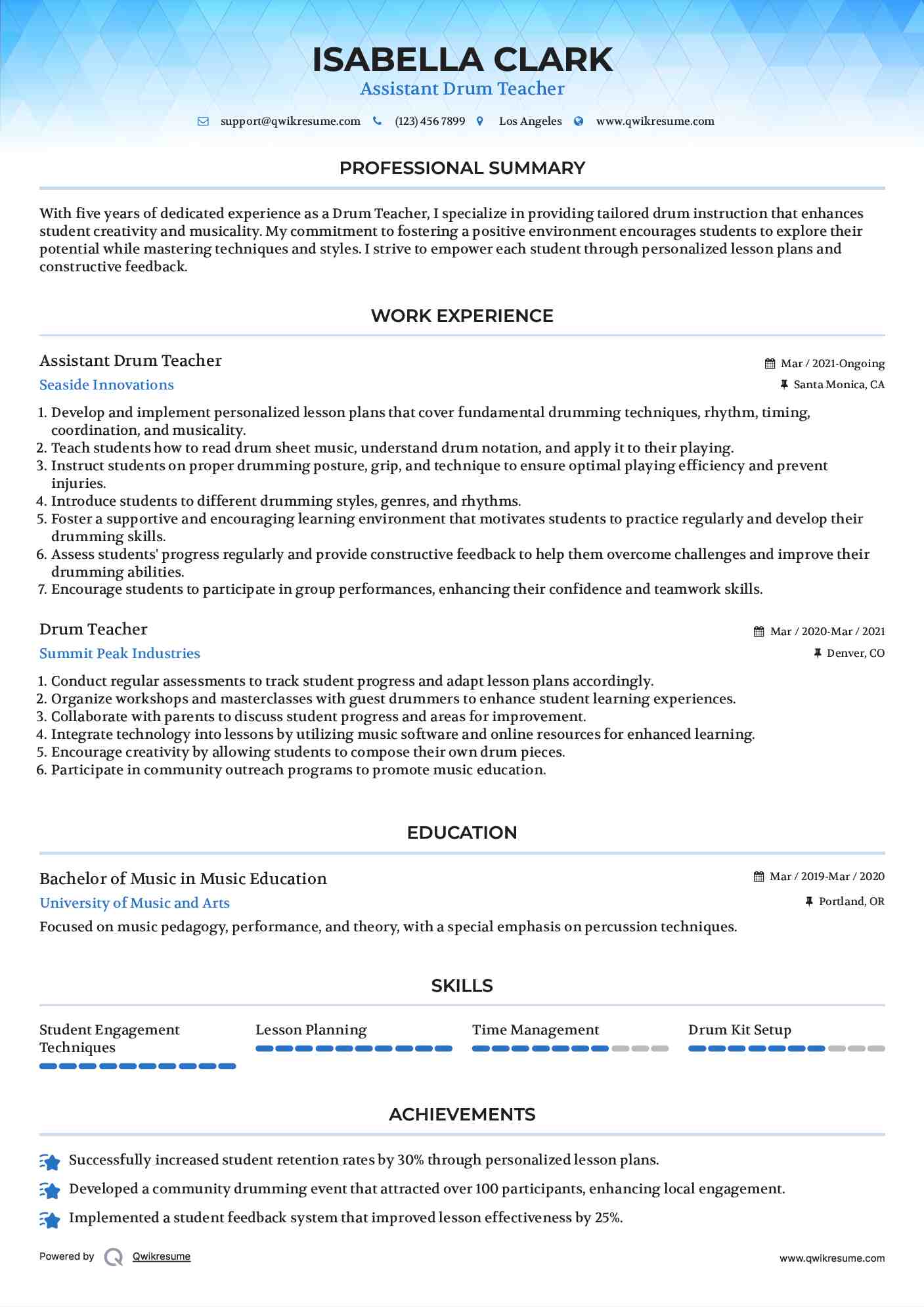 Assistant Drum Teacher Resume Example