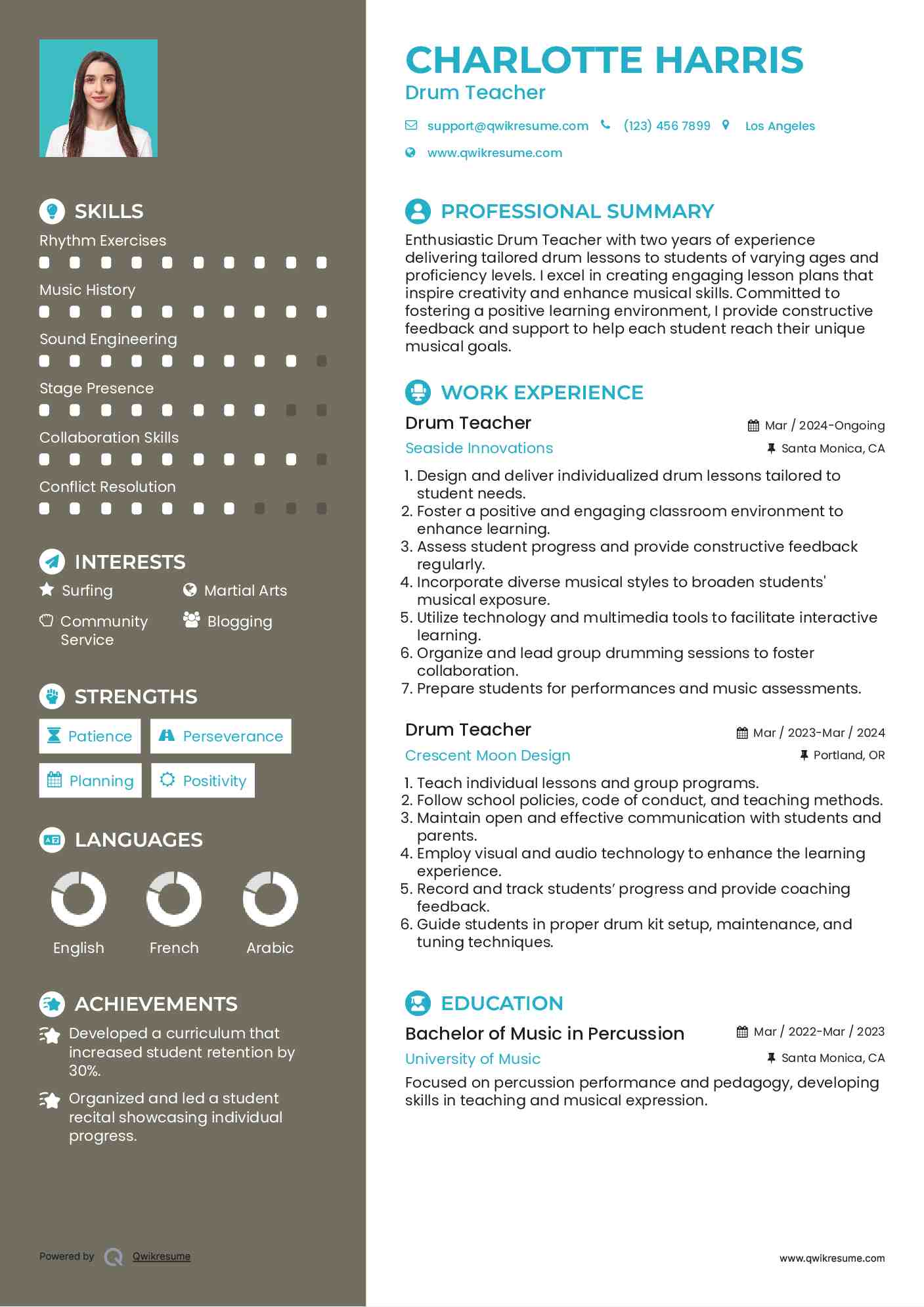 Drum Teacher Resume Sample