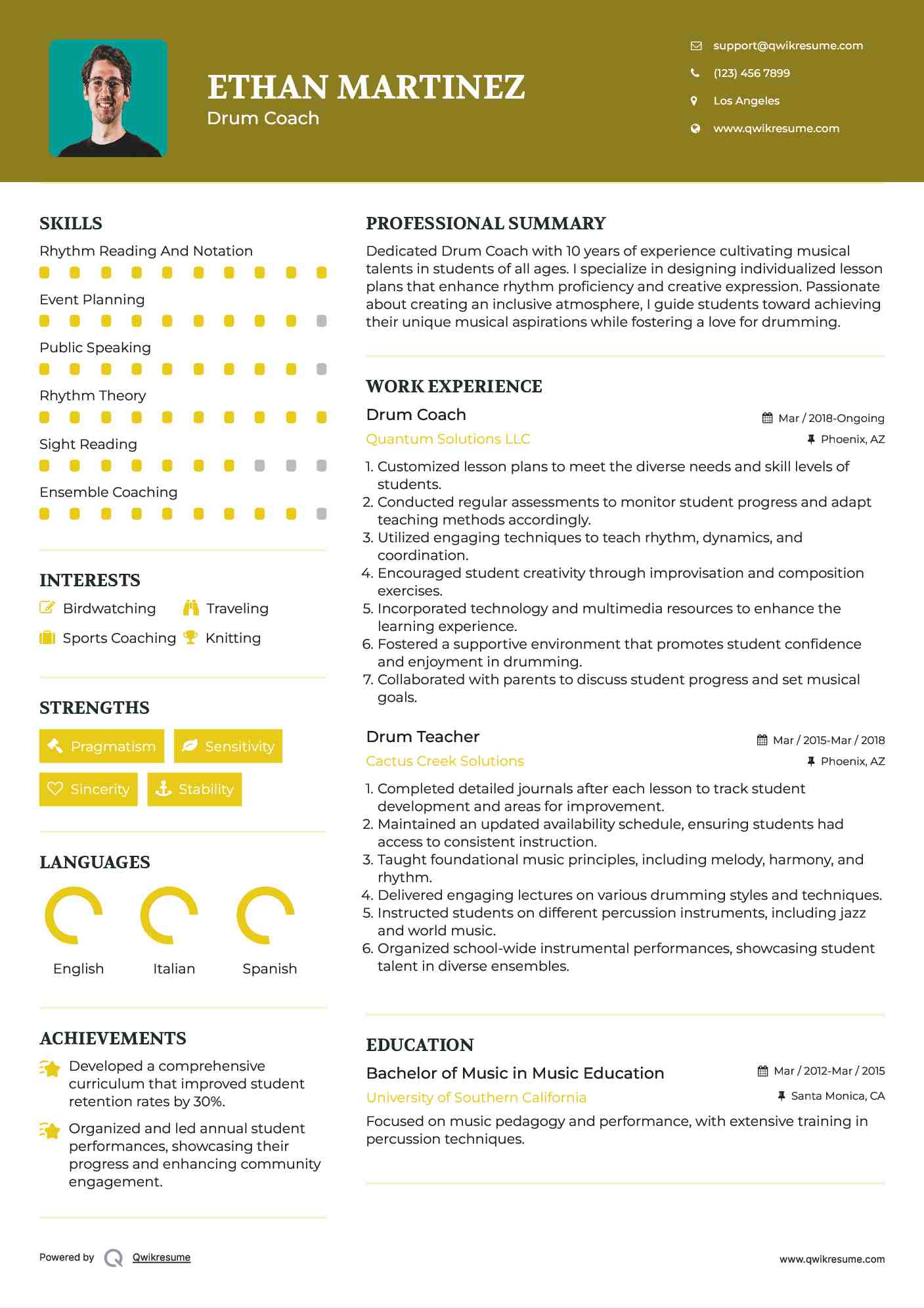 Drum Coach Resume Sample