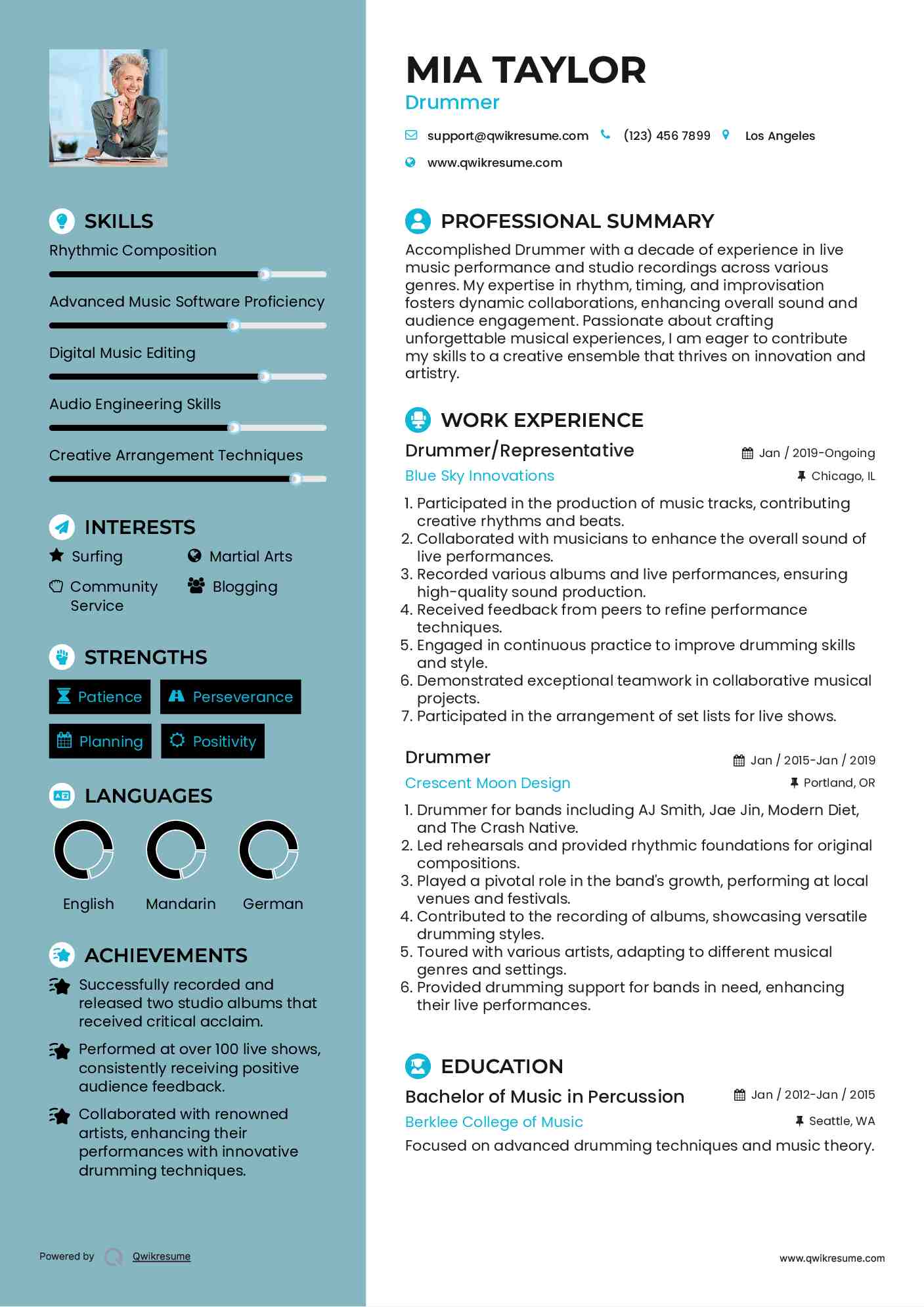 Drummer/Representative Resume Model