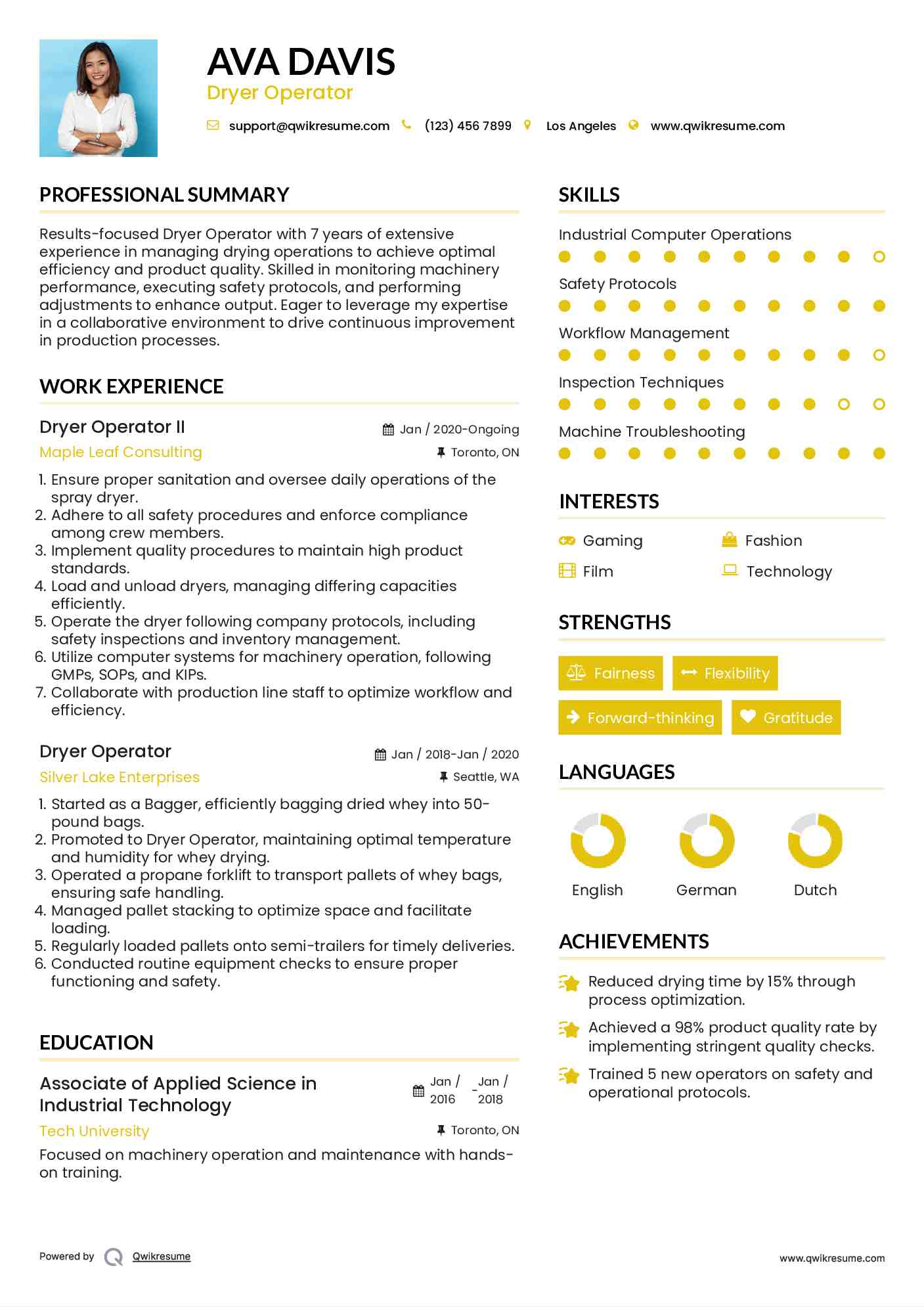 Dryer Operator II Resume Sample