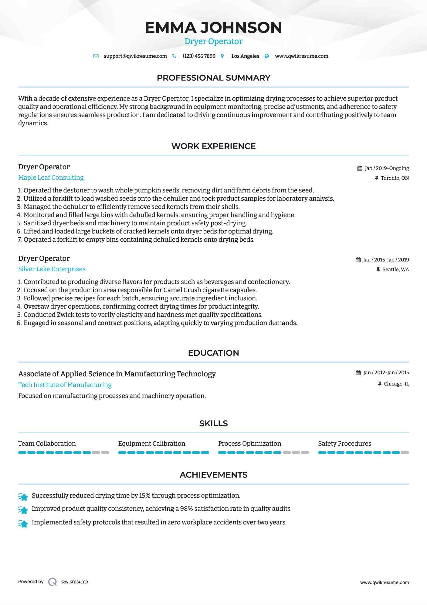 Dryer Operator Resume Example