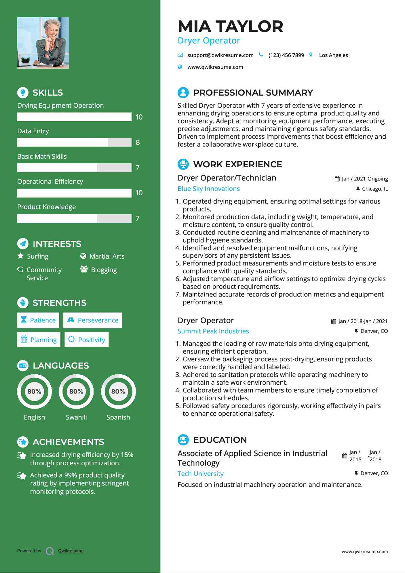 Dryer Operator/Technician Resume Example