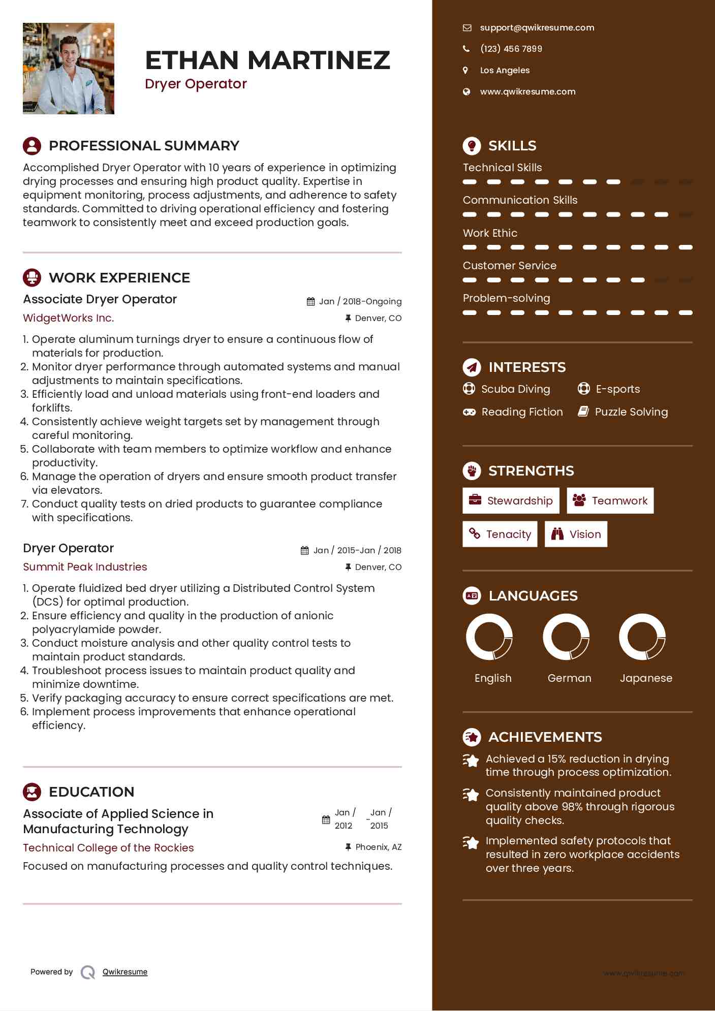 Associate Dryer Operator Resume Model