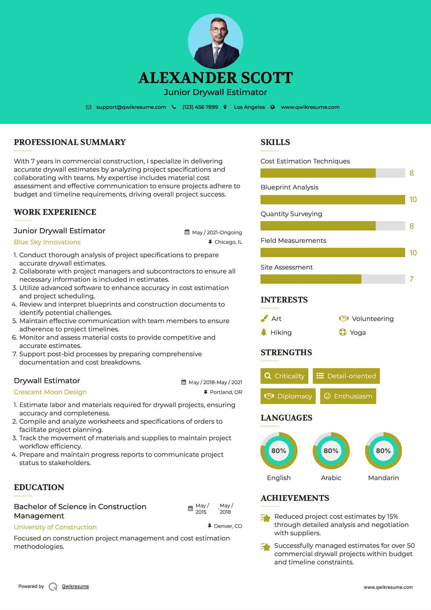 Junior Drywall Estimator Resume Model