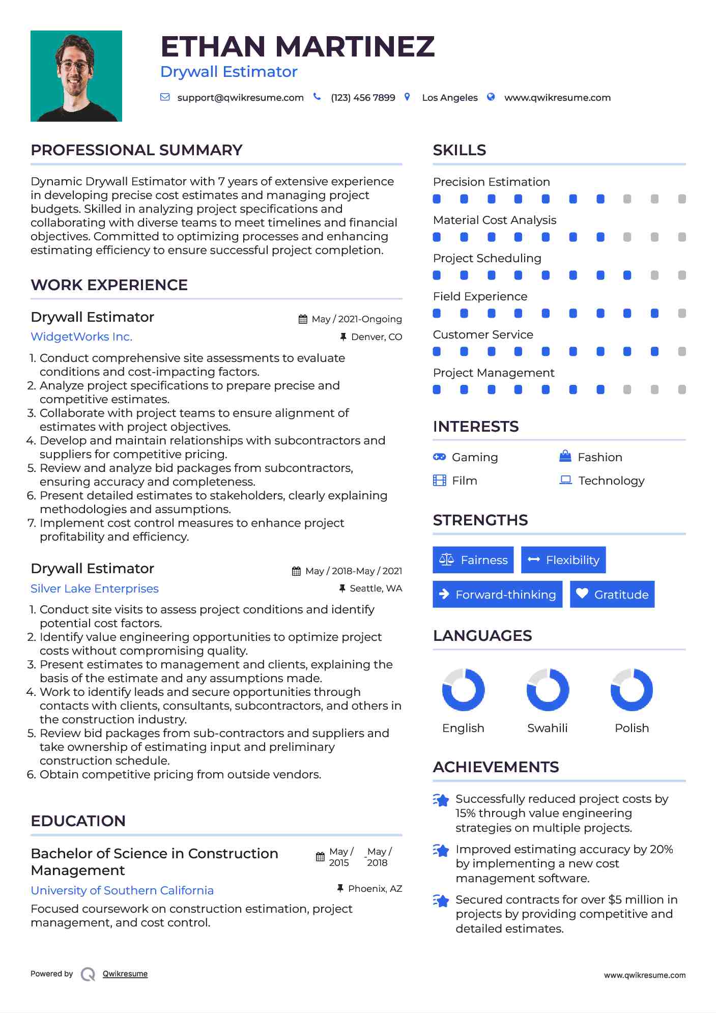 Drywall Estimator Resume Model