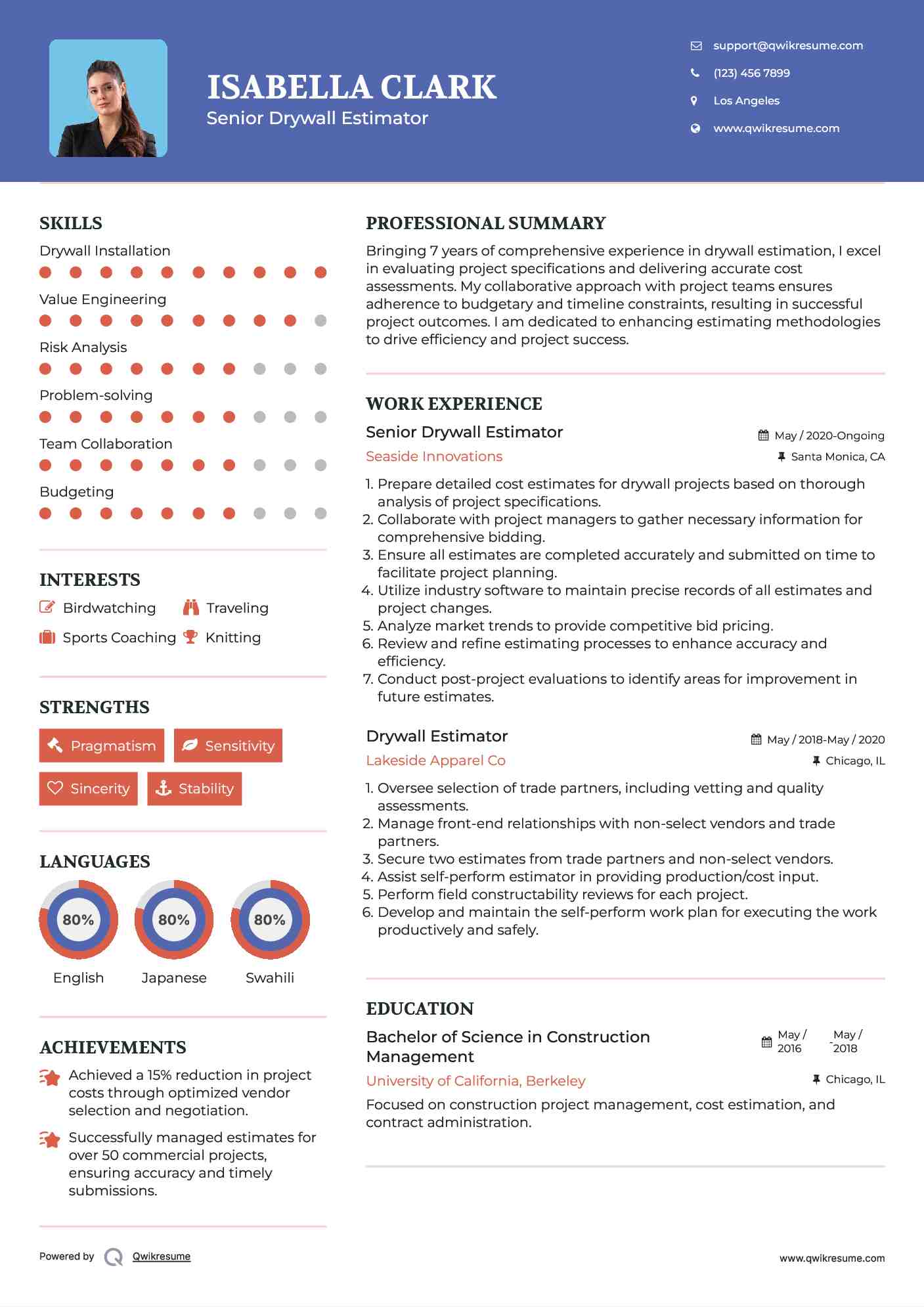 Senior Drywall Estimator Resume Template