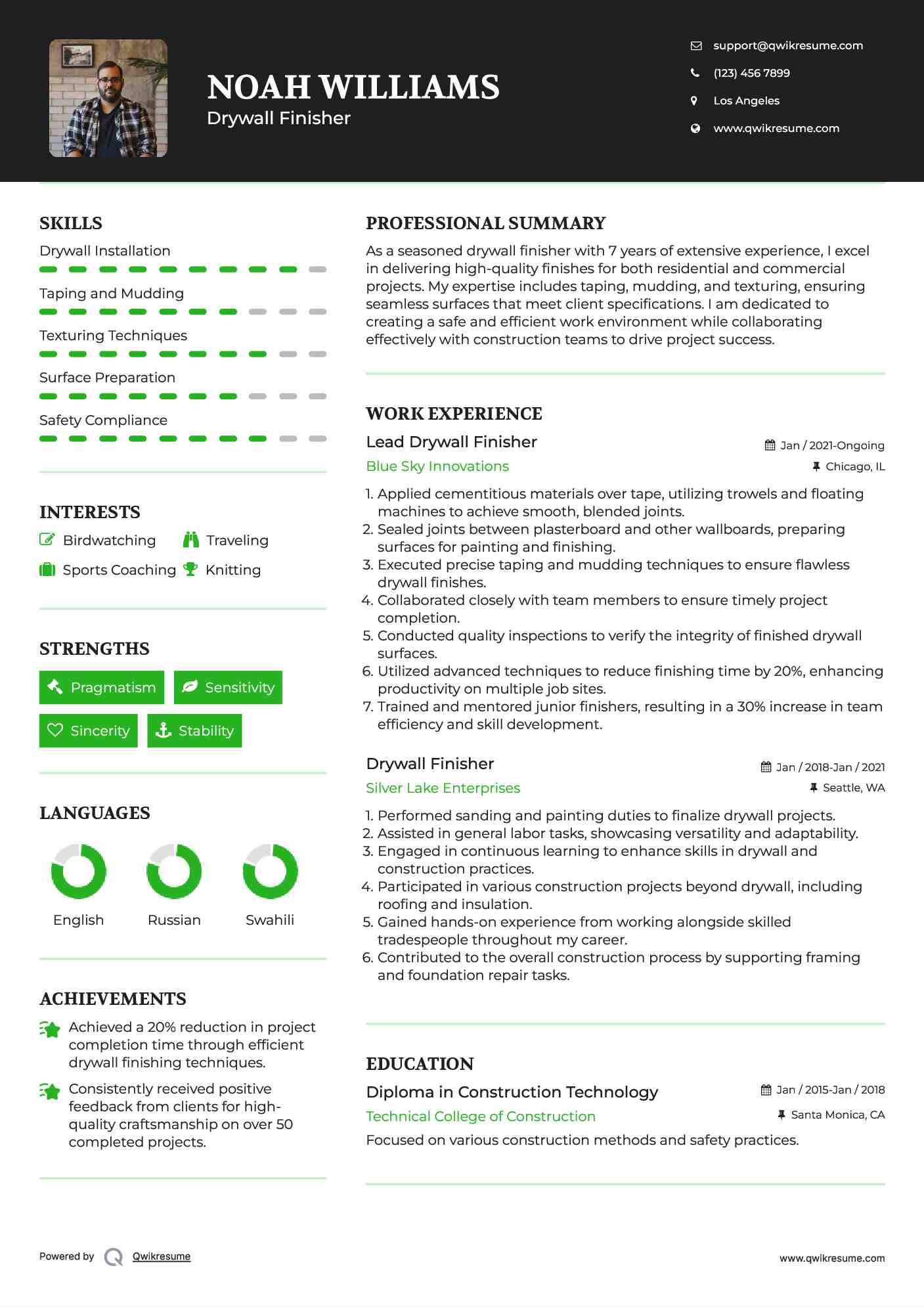 Lead Drywall Finisher Resume Sample