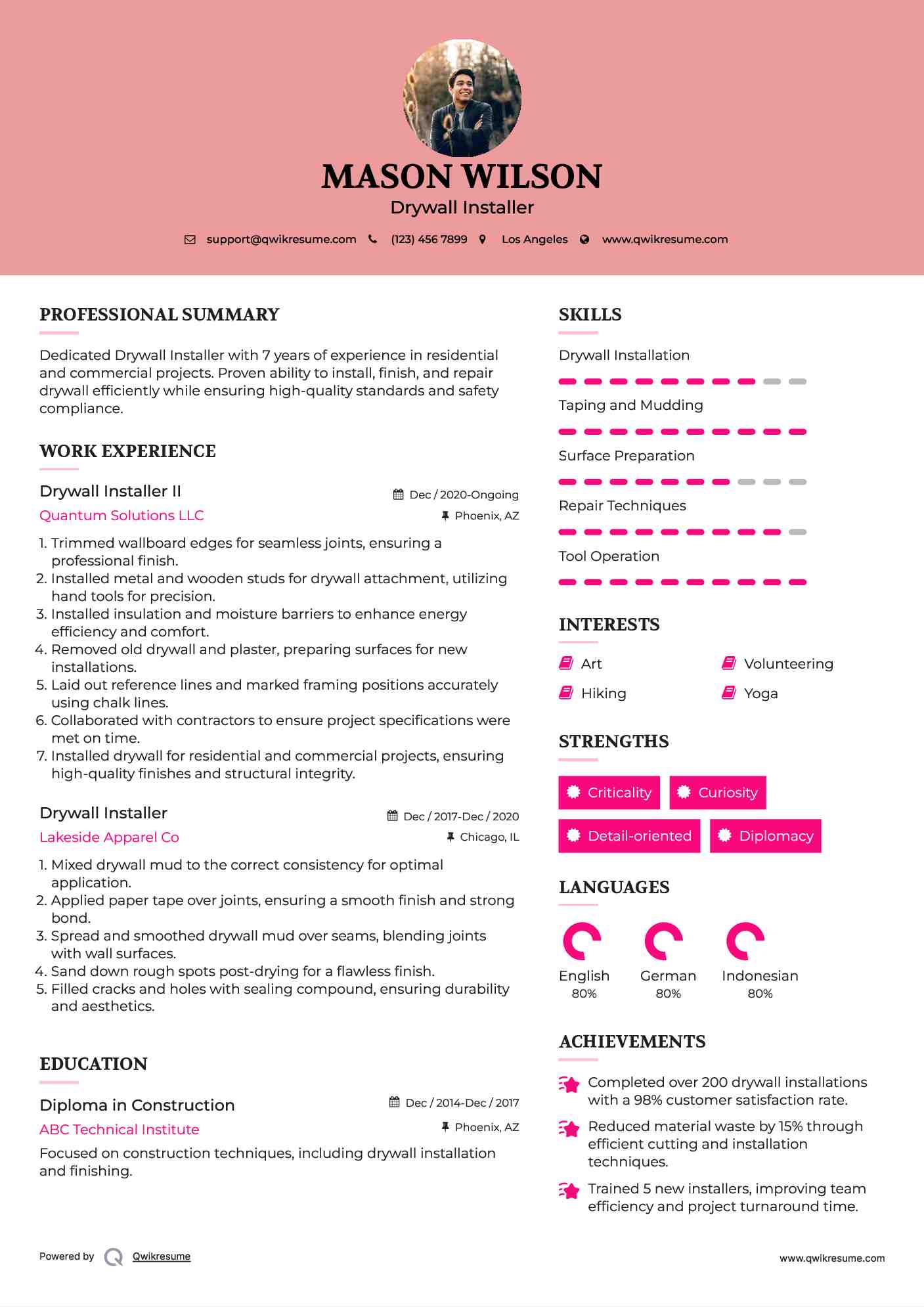 Drywall Installer Resume Samples QwikResume