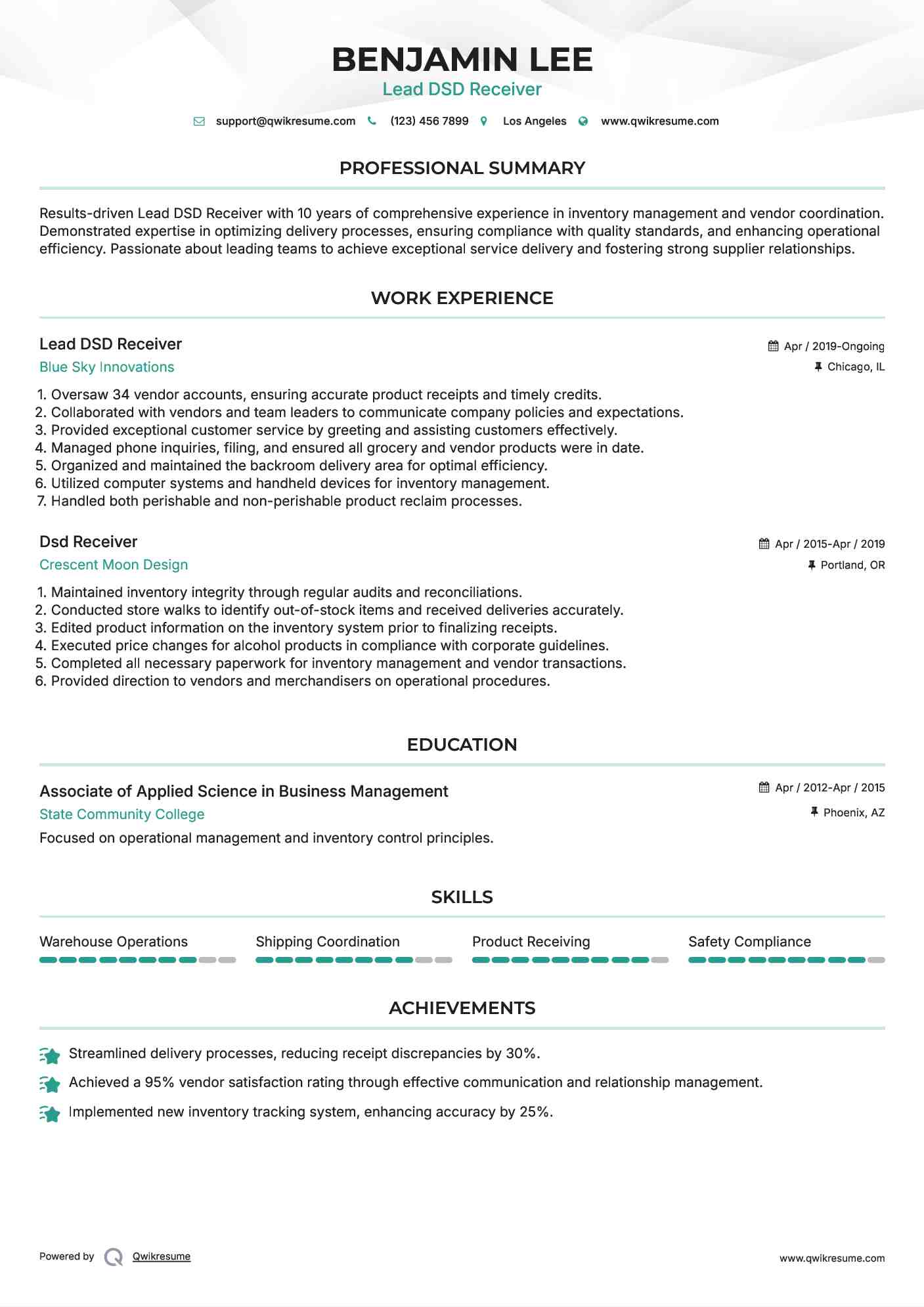 DSD Receiver Resume Samples QwikResume