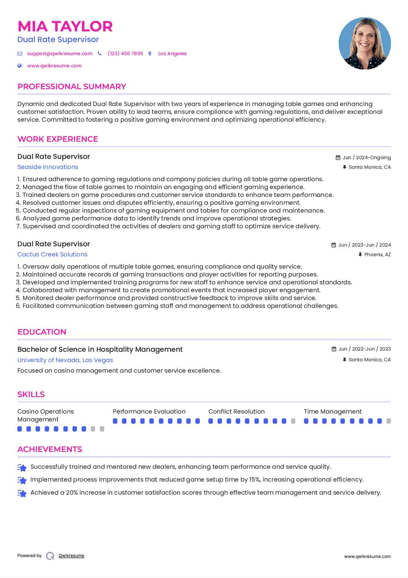 Dual Rate Supervisor Resume Sample