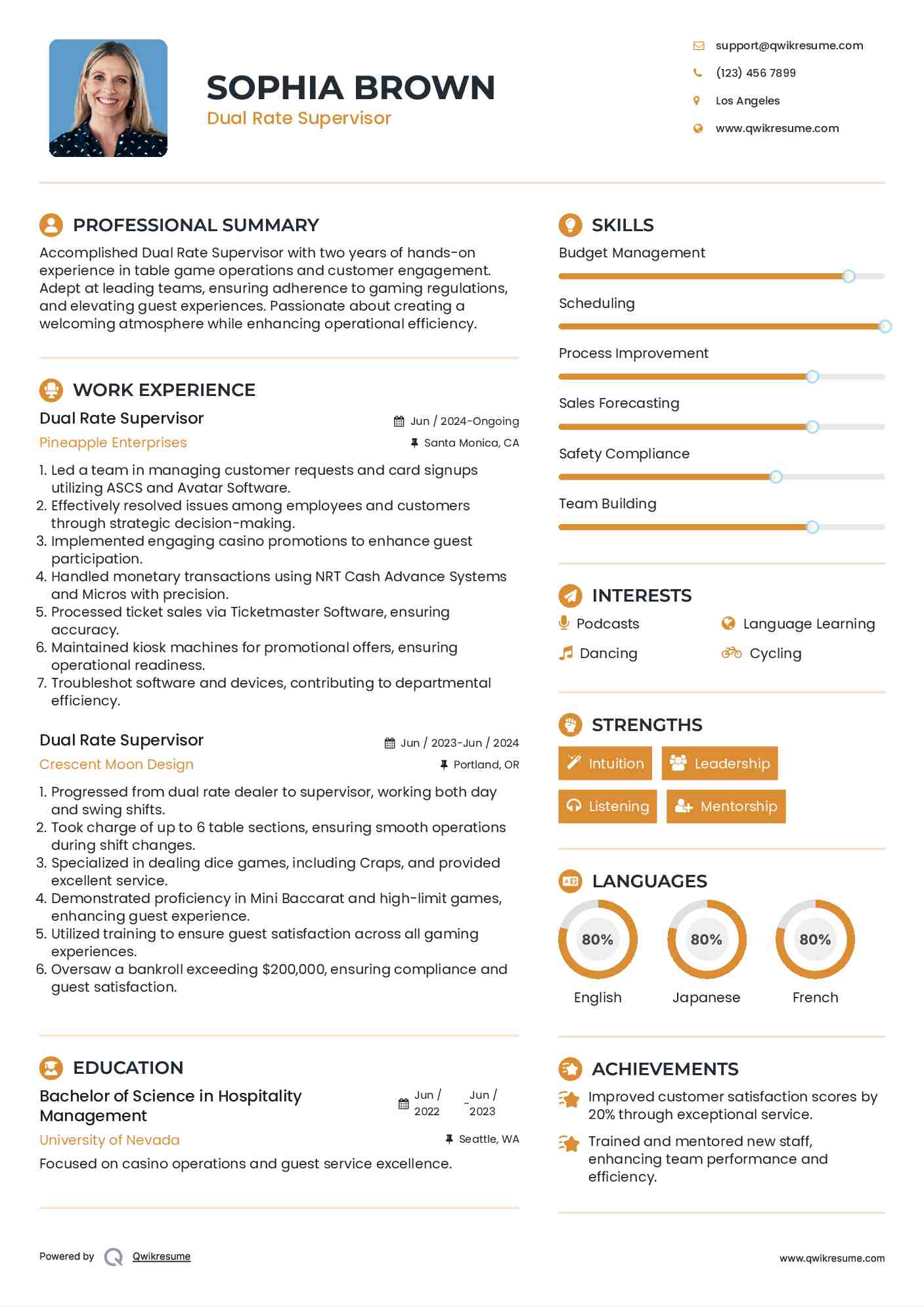 Dual Rate Supervisor Resume Example