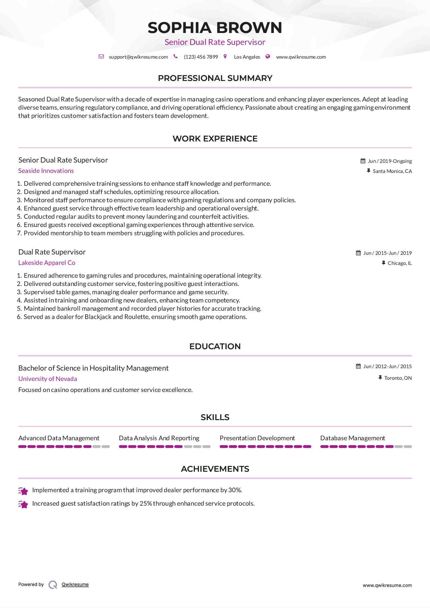 Senior Dual Rate Supervisor Resume Example