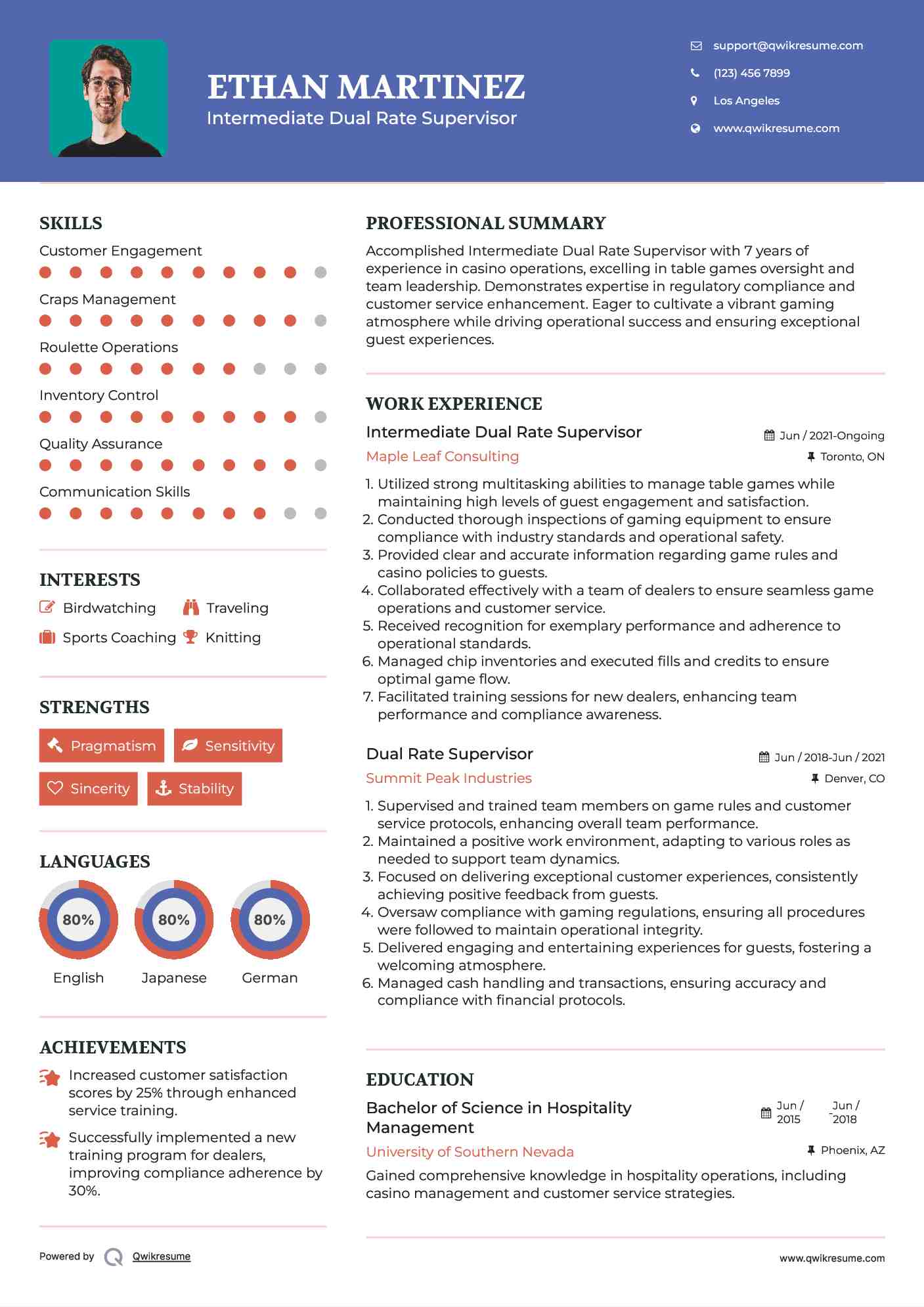 Intermediate Dual Rate Supervisor Resume Example