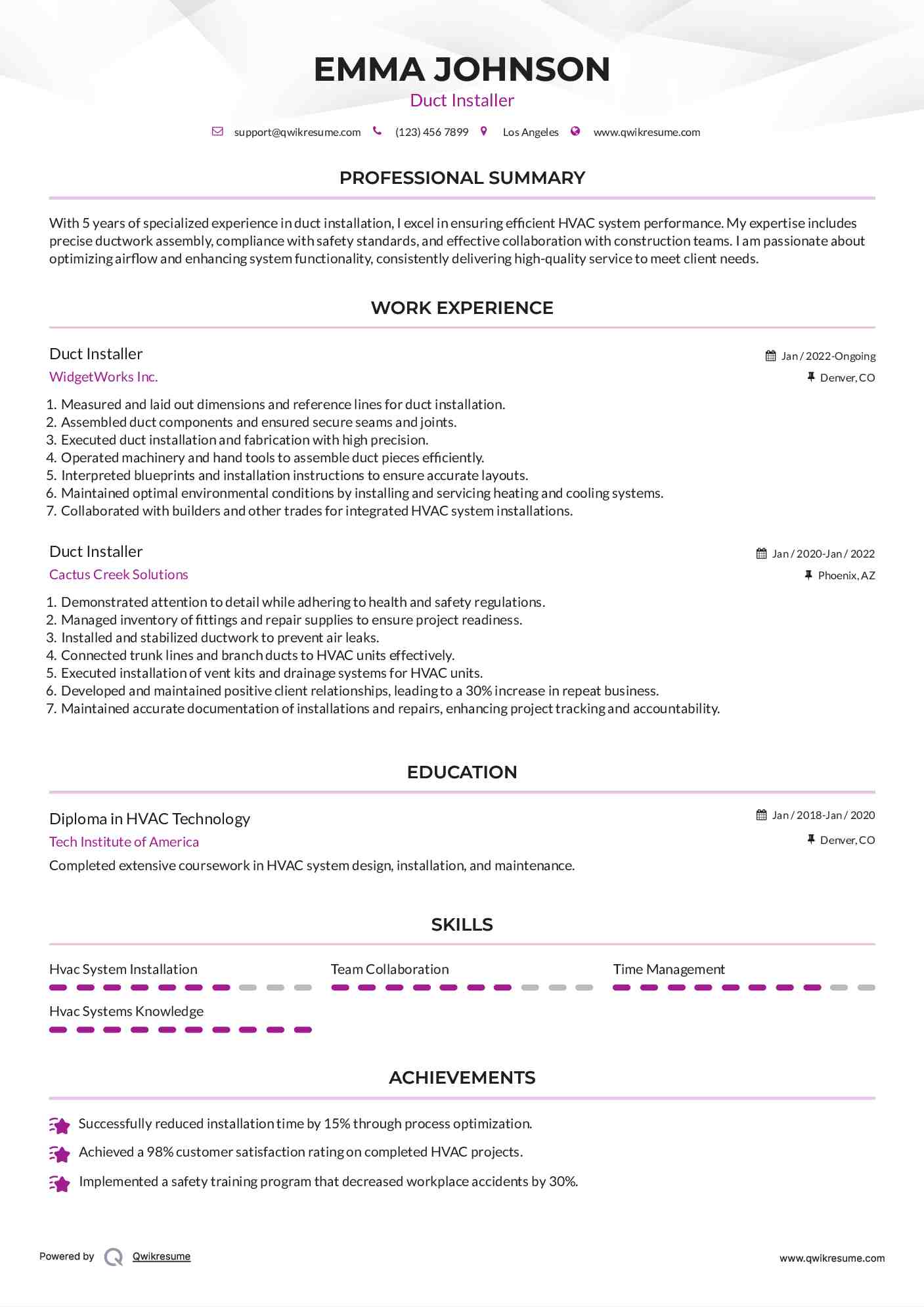 Duct Installer Resume Format