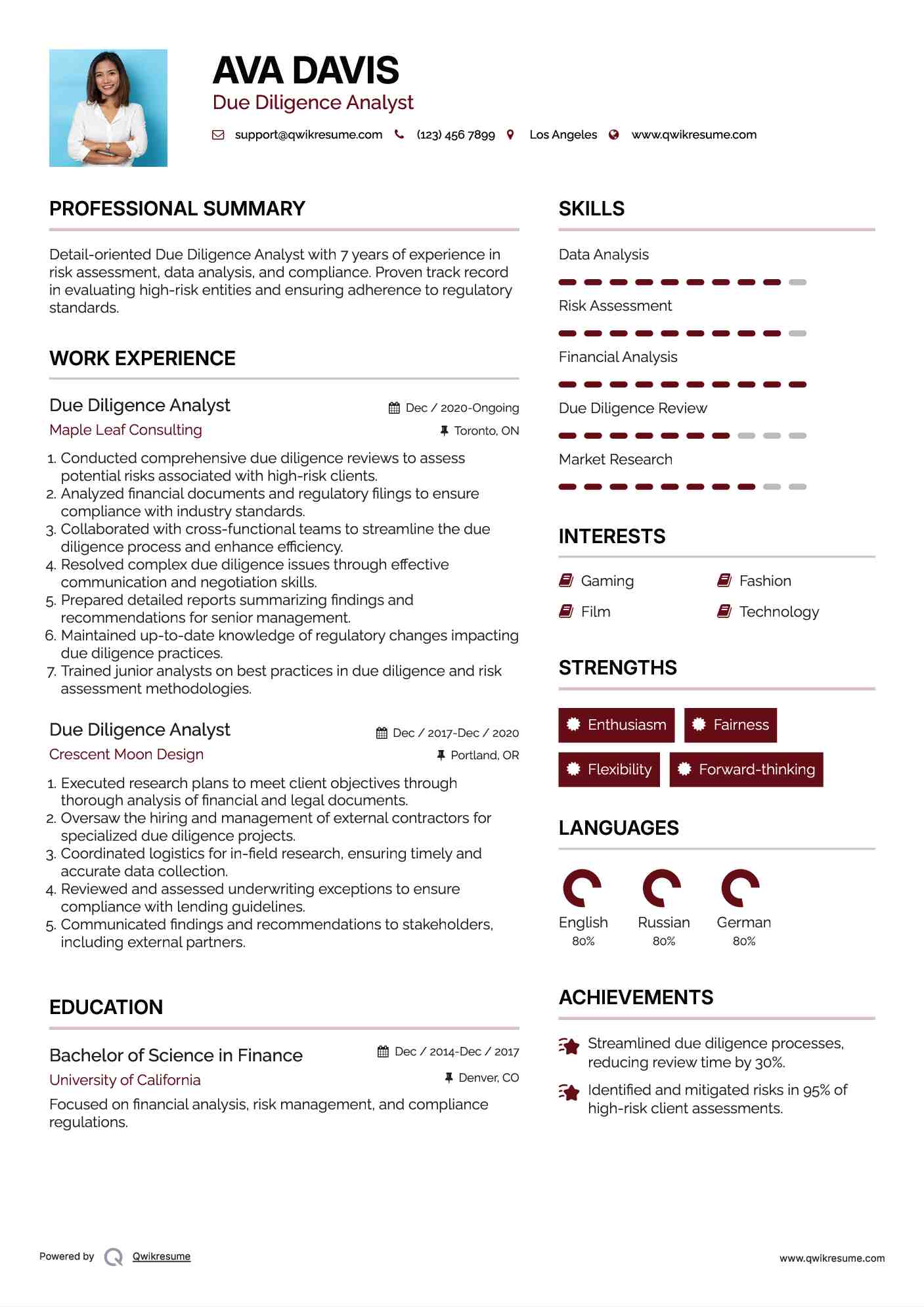 Due Diligence Analyst Resume Template