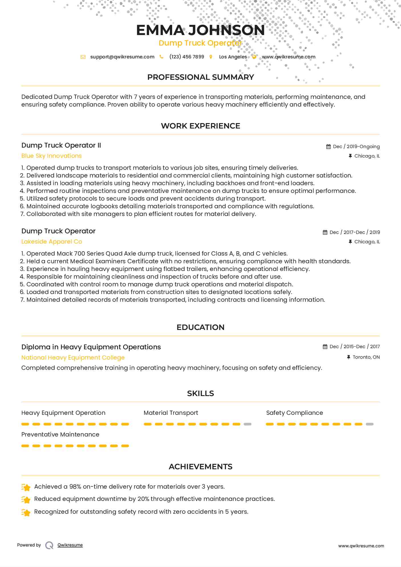 Dump Truck Operator II Resume Model