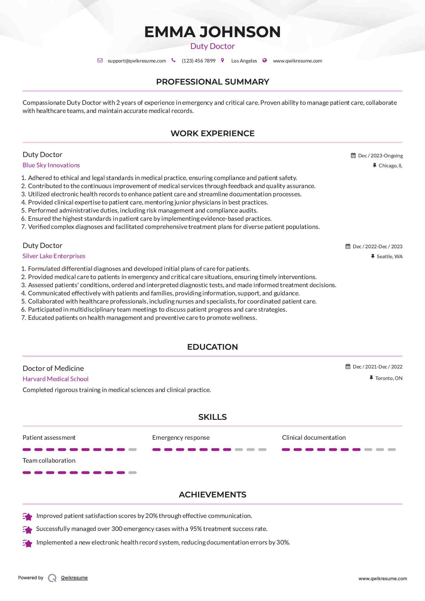 Duty Doctor Resume Example