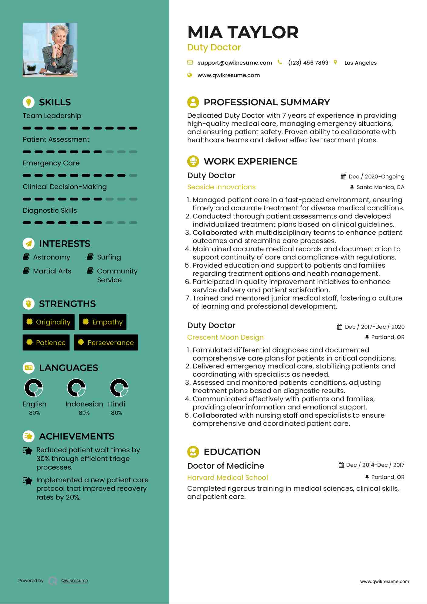 Duty Doctor Resume Sample