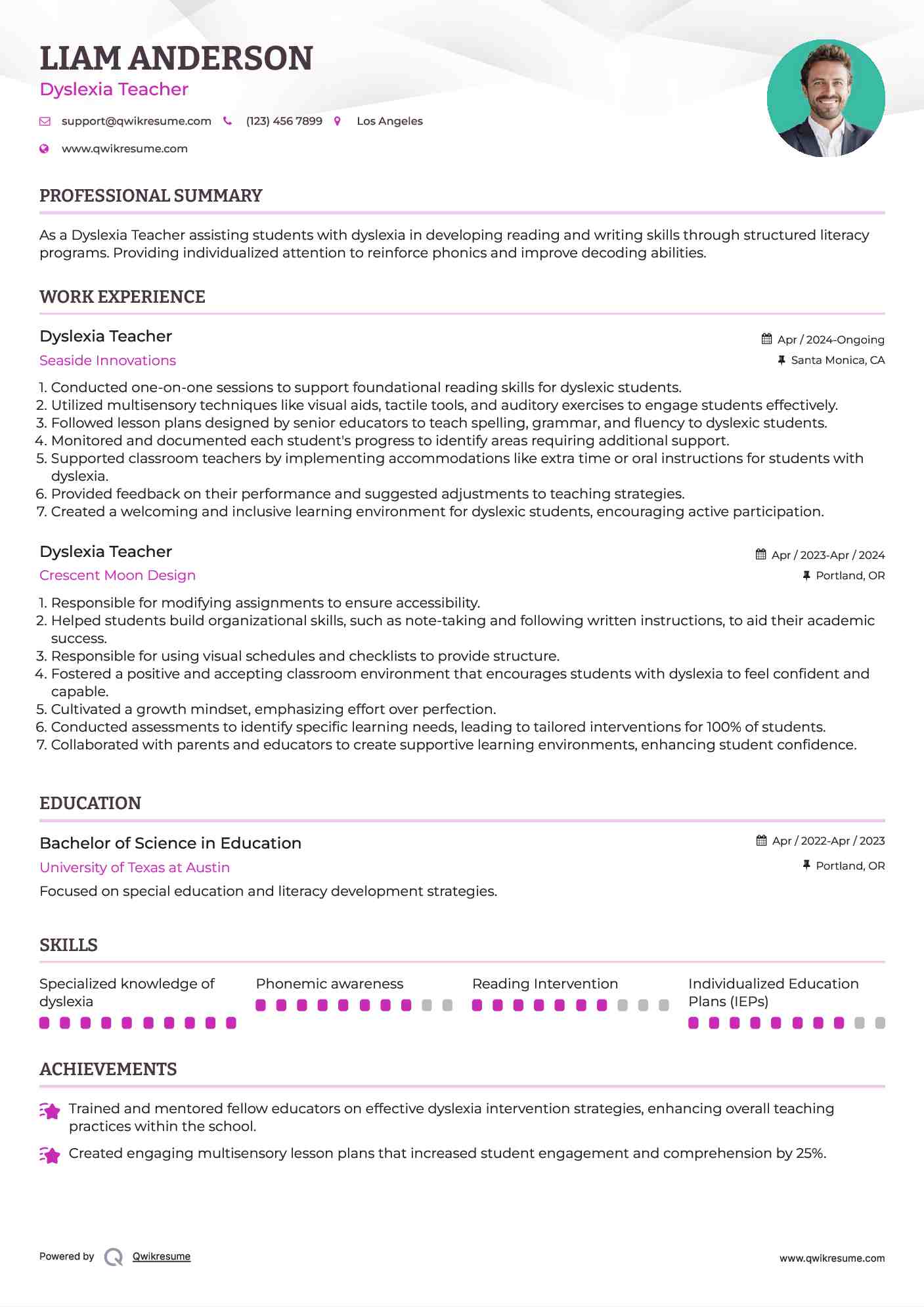 Dyslexia Teacher Resume Example