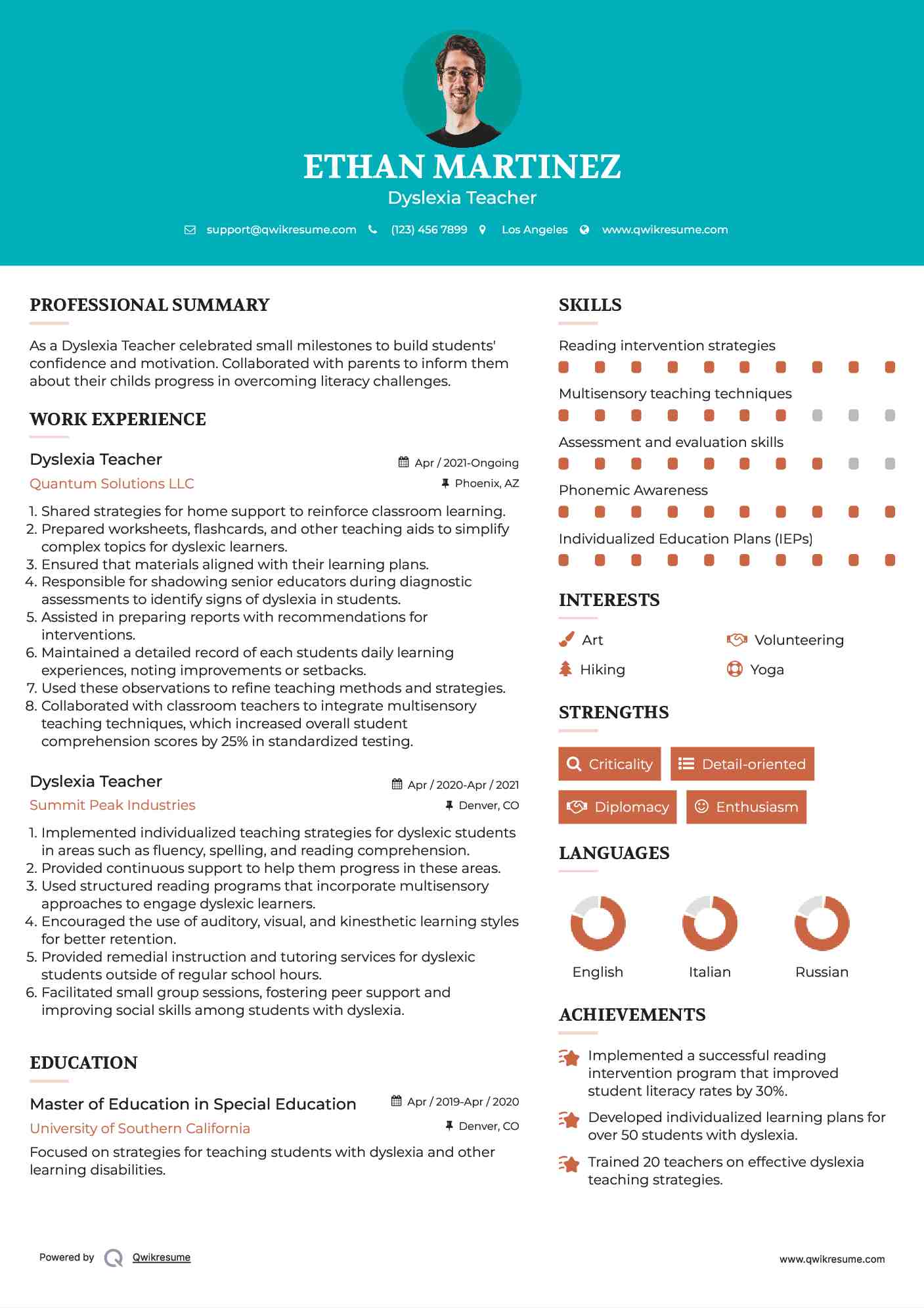 Dyslexia Teacher Resume Model