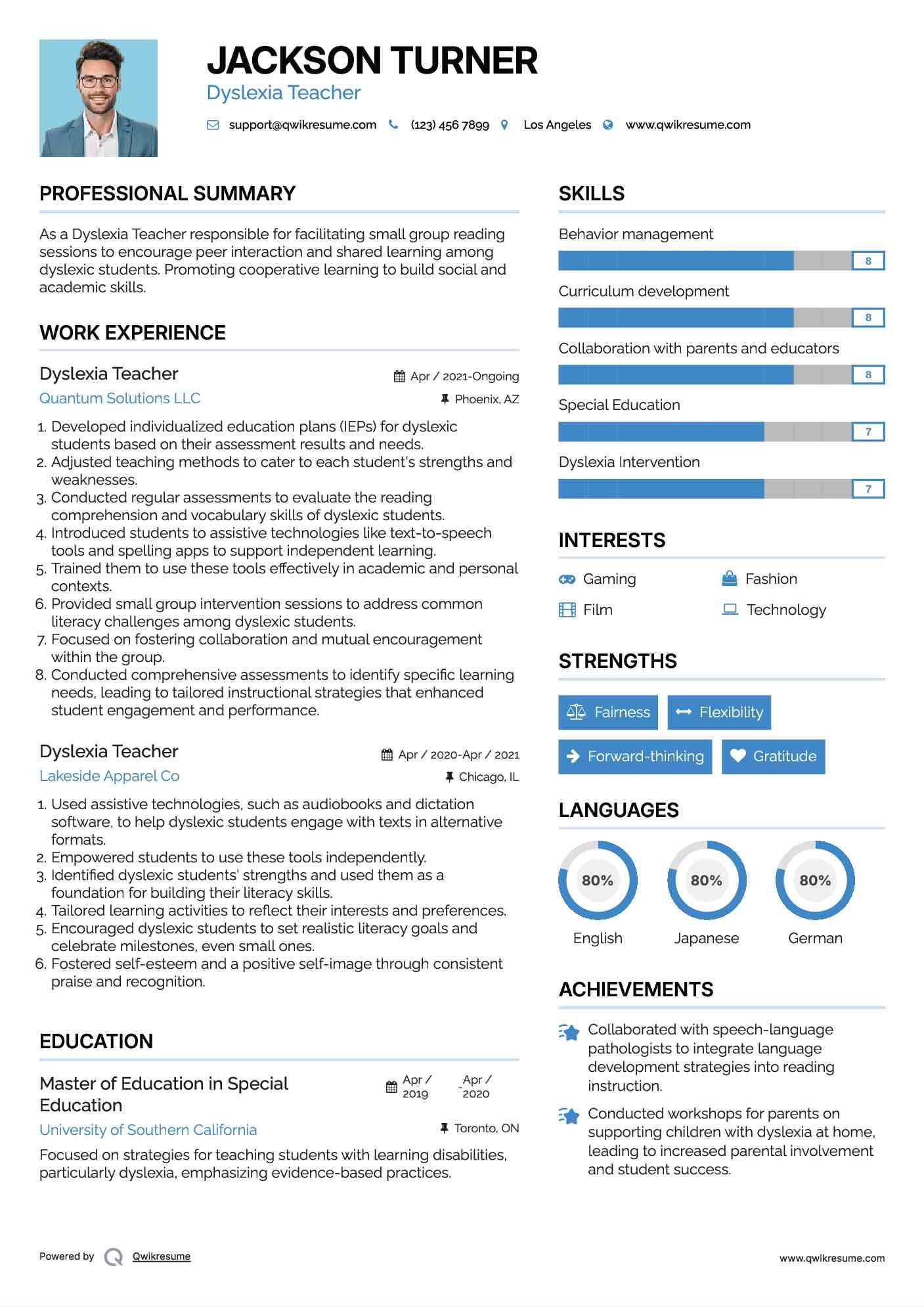 Dyslexia Teacher Resume Sample