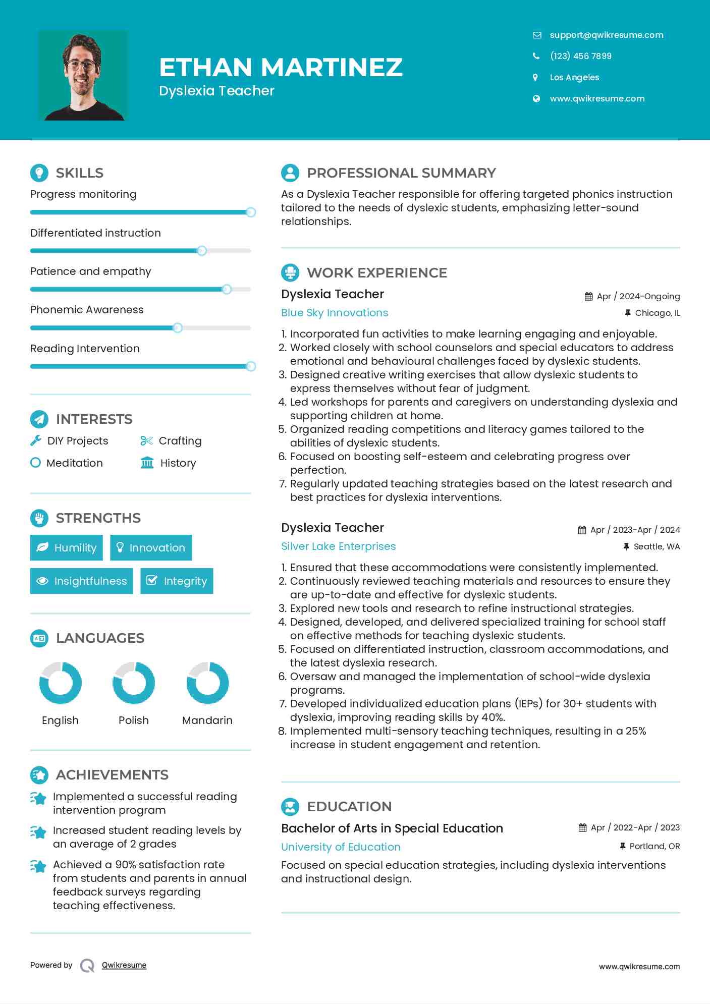 Dyslexia Teacher Resume Example