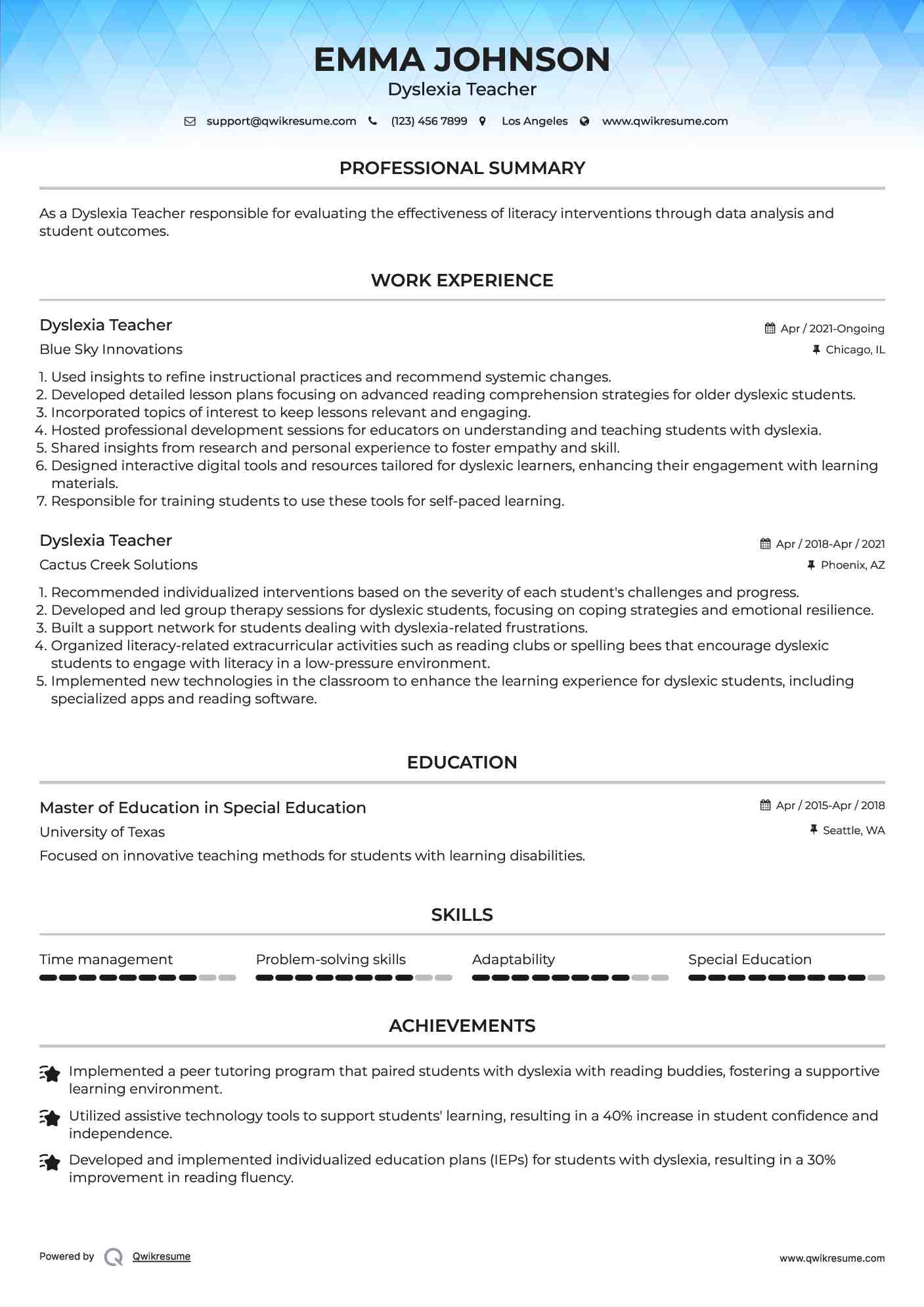 Dyslexia Teacher Resume Sample