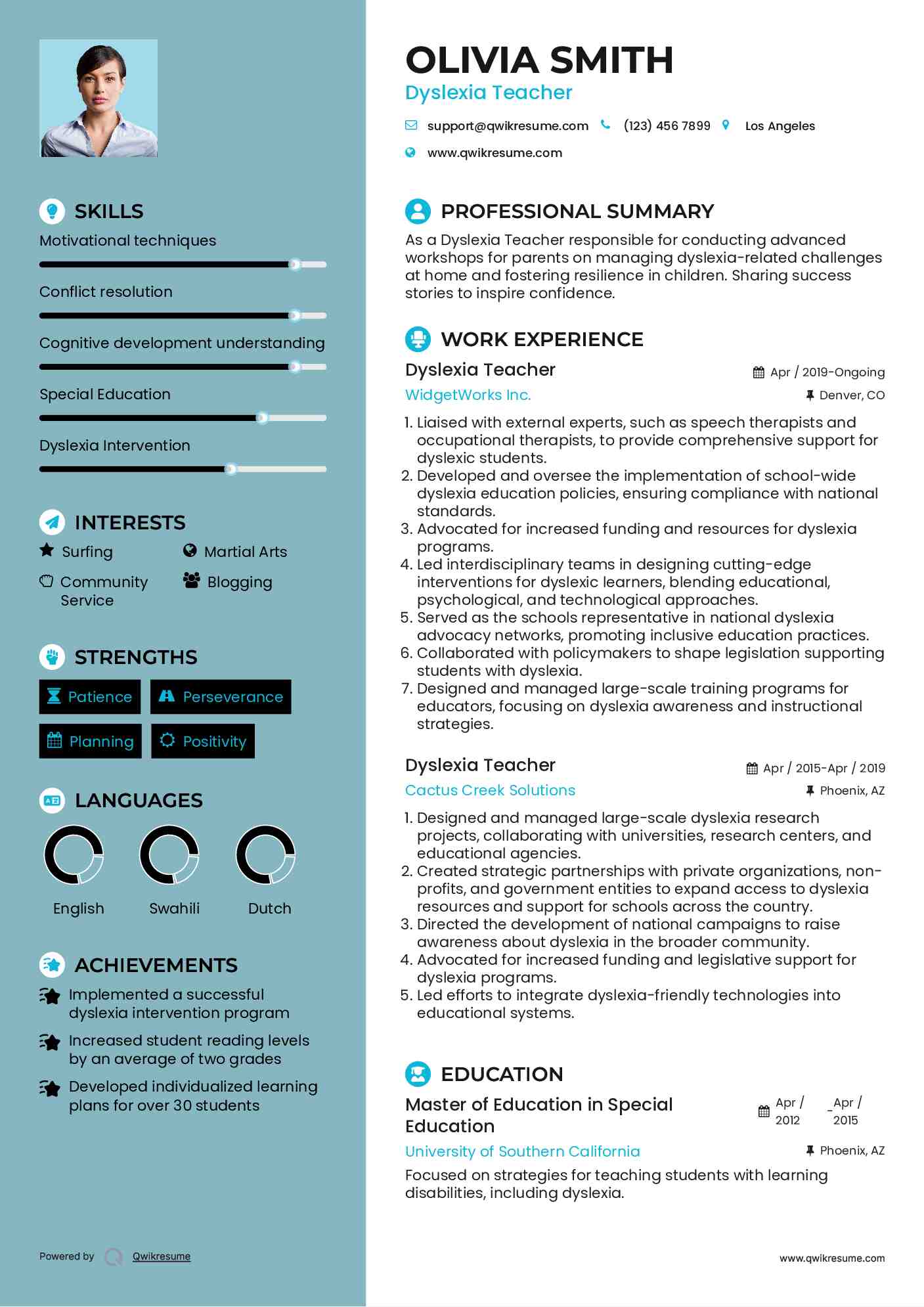 Dyslexia Teacher Resume Format