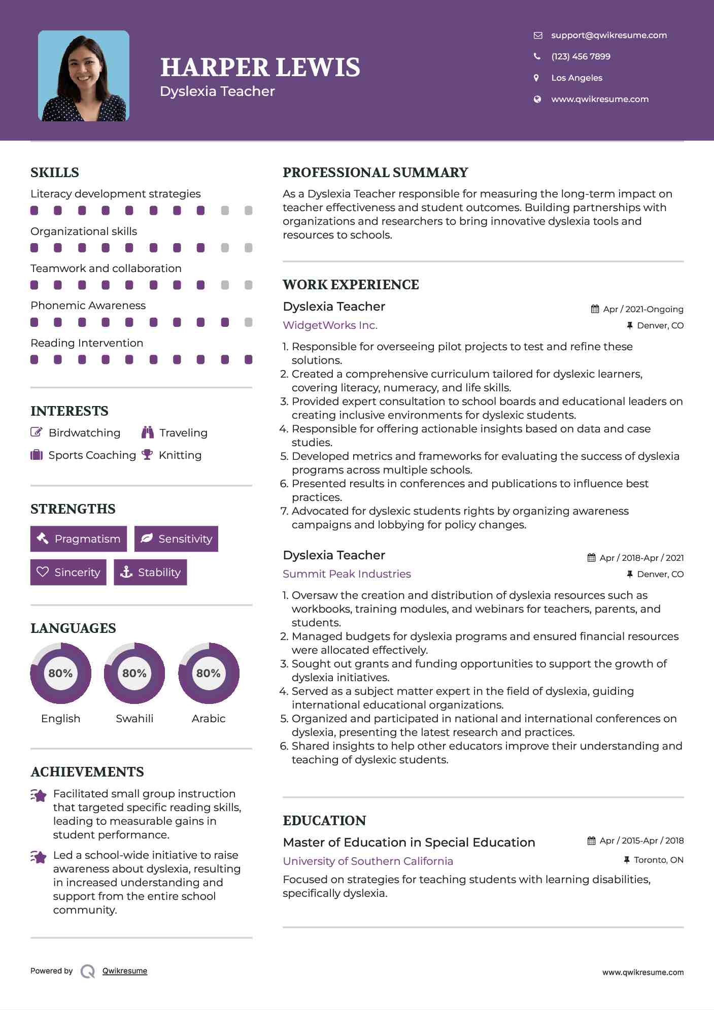 Dyslexia Teacher Resume Model