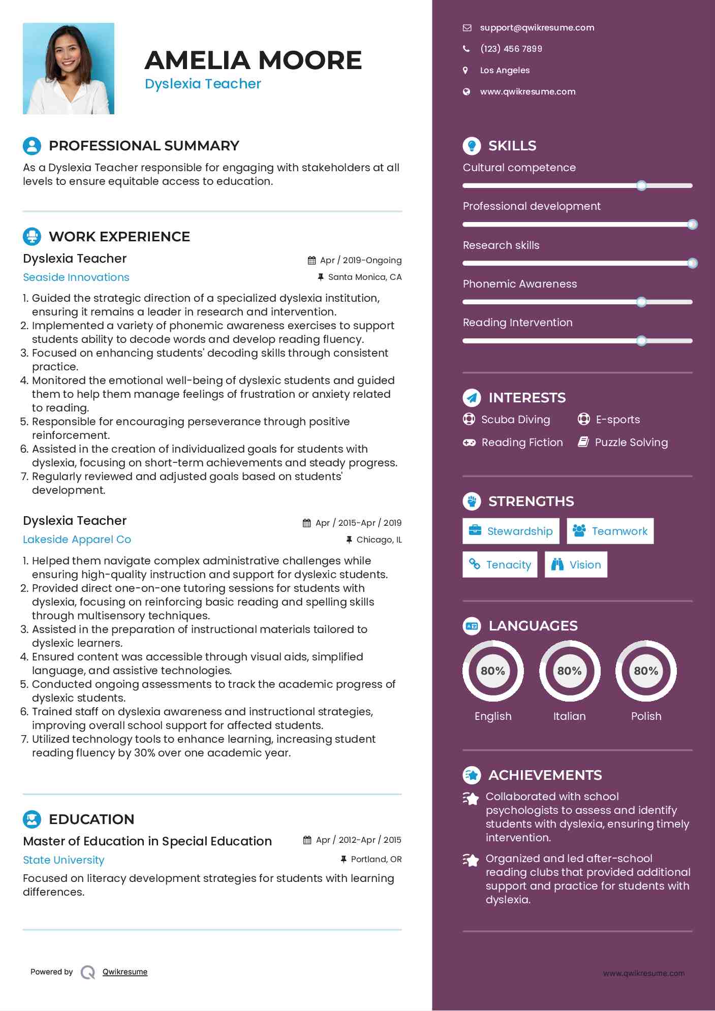Dyslexia Teacher Resume Format