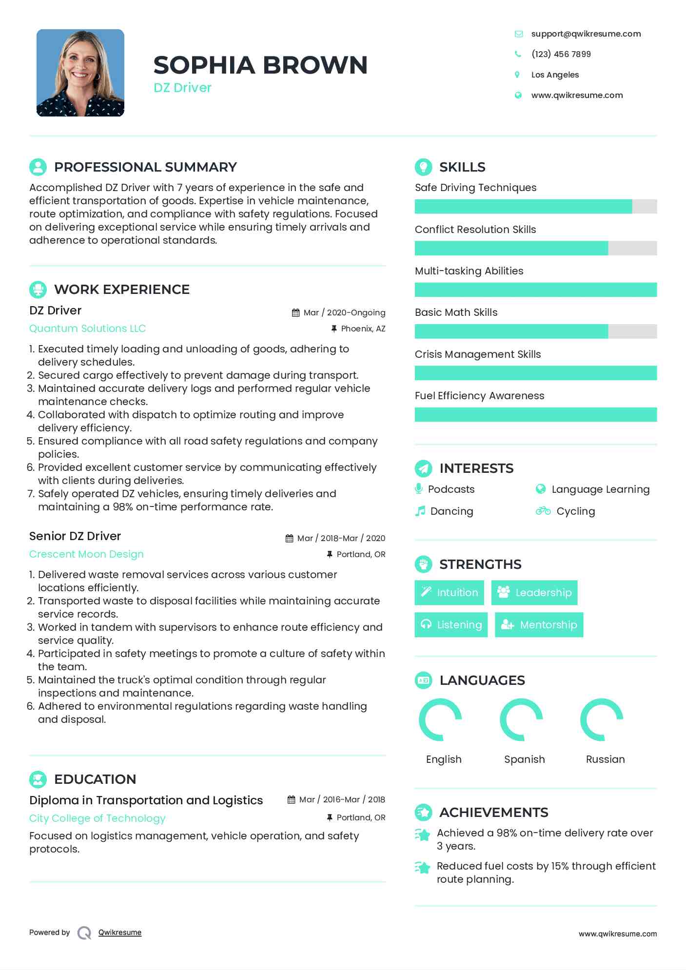 DZ Driver Resume Format