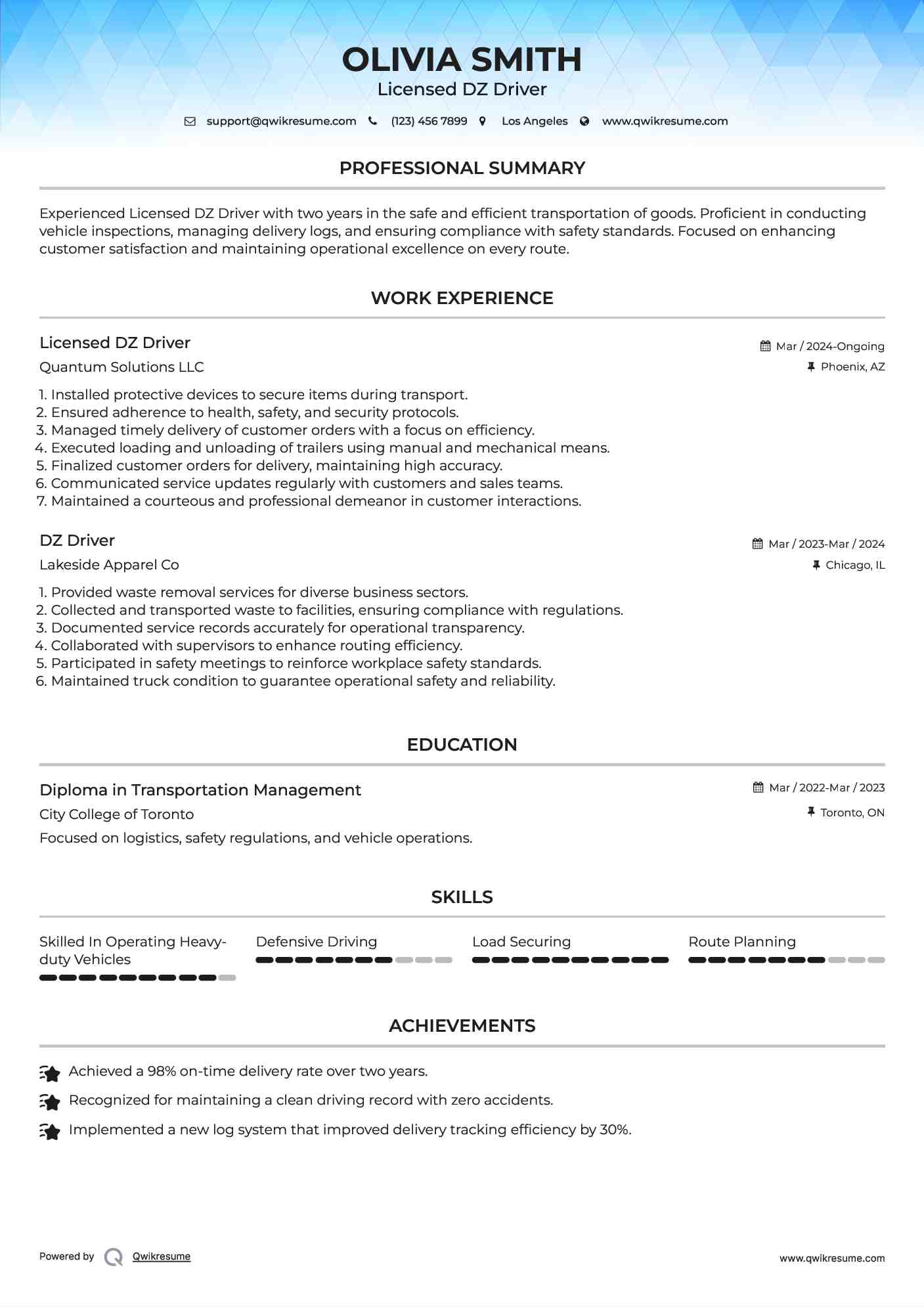 Licensed DZ Driver Resume Template
