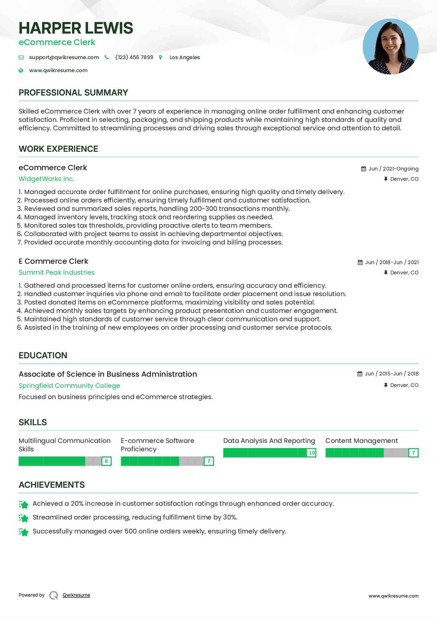 eCommerce Clerk Resume Template