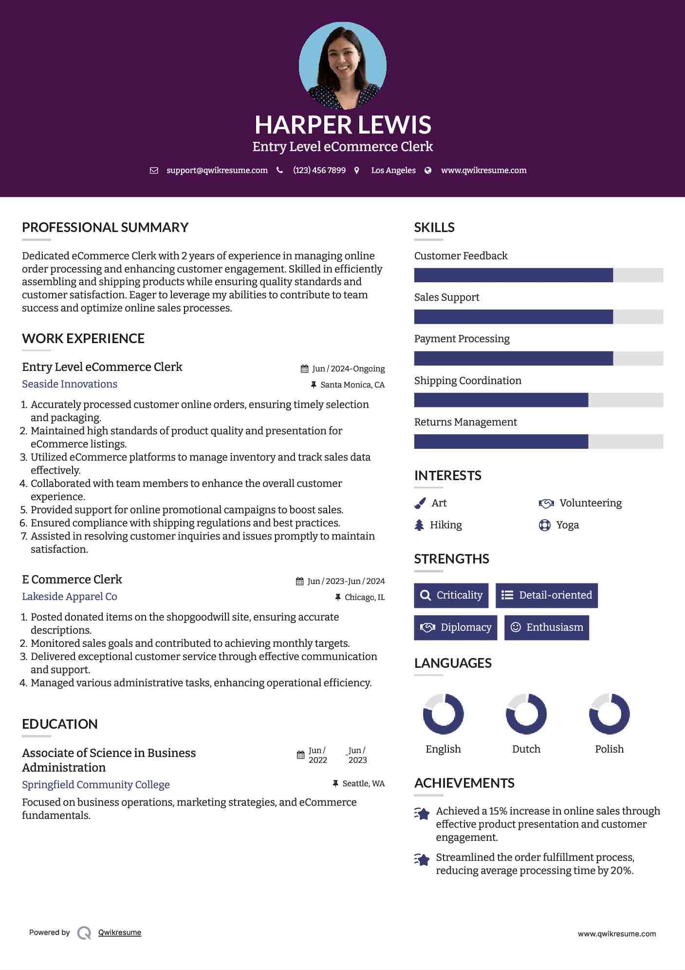 Entry Level eCommerce Clerk Resume Format