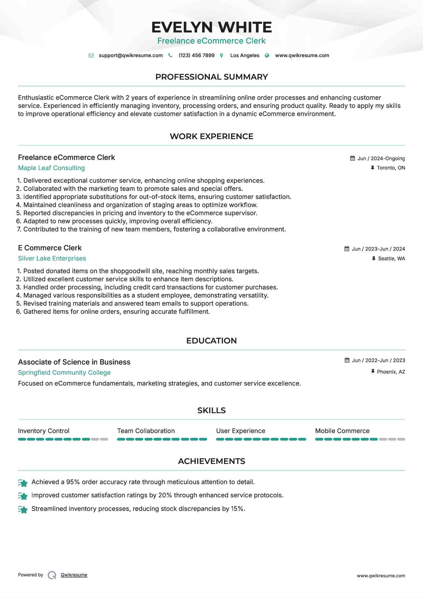 Freelance eCommerce Clerk Resume Template