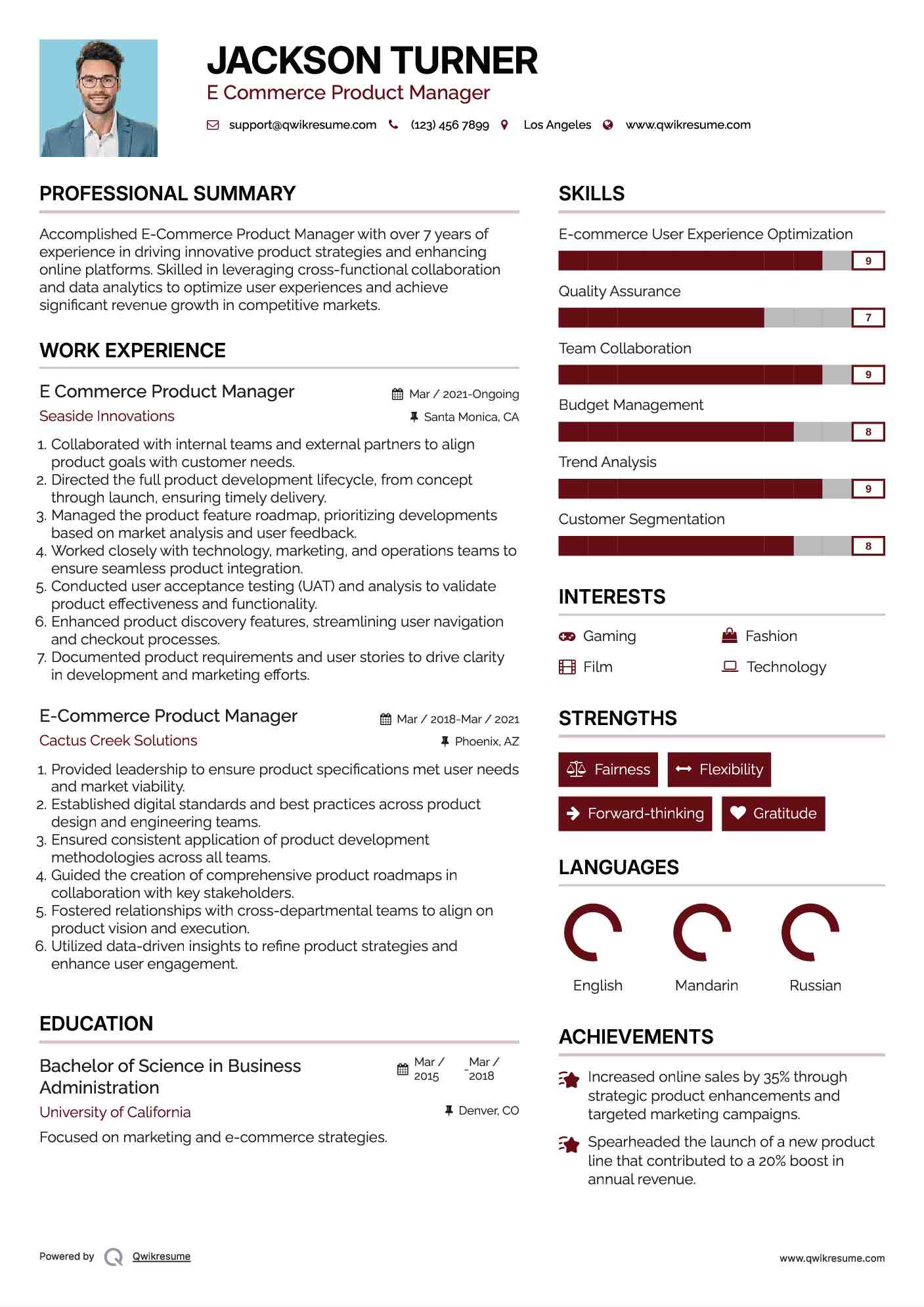 E Commerce Product Manager Resume Template