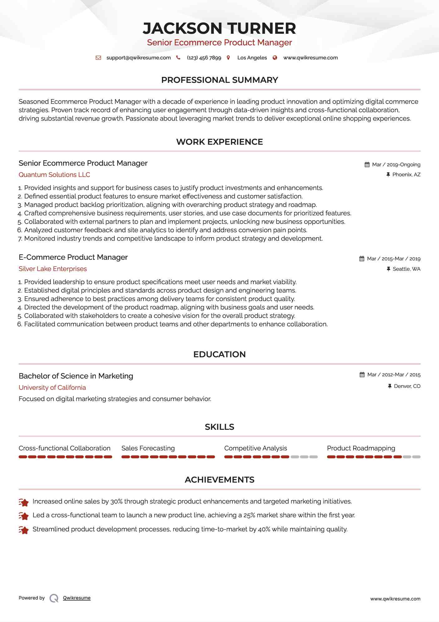 Senior Ecommerce Product Manager Resume Sample