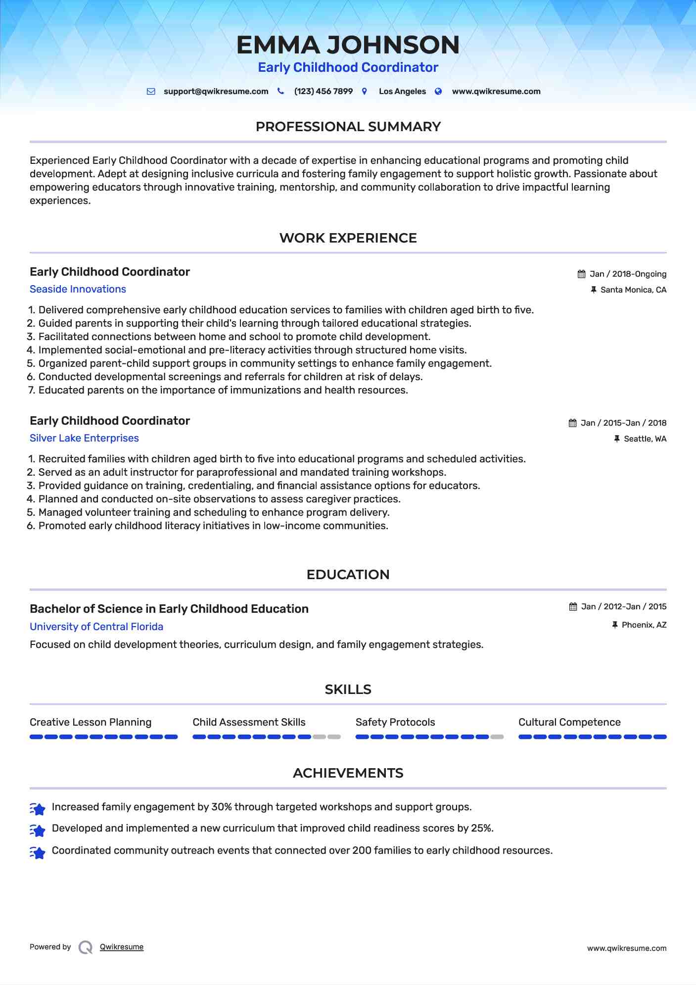 Early Childhood Coordinator Resume Sample