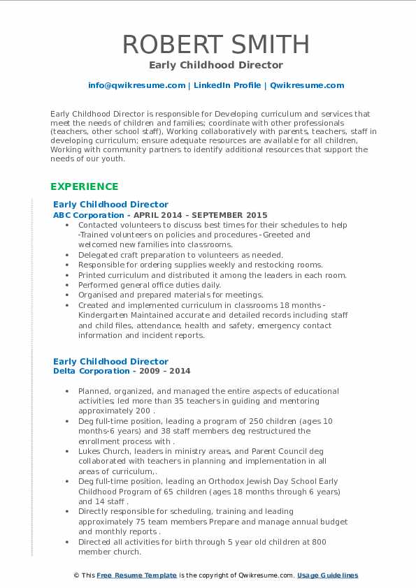 Early Childhood Director Resume Samples QwikResume