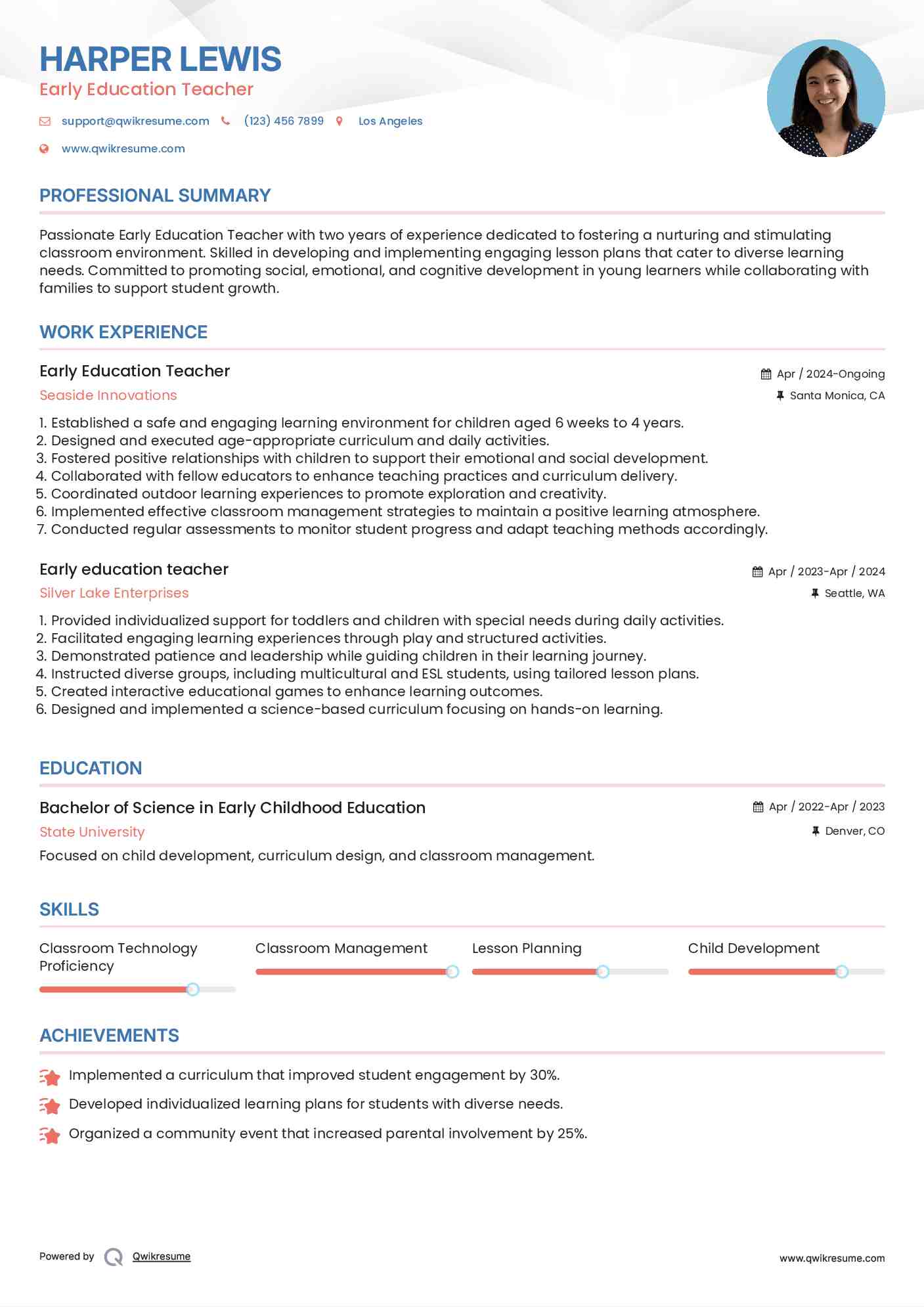 Early Education Teacher
 Resume Format