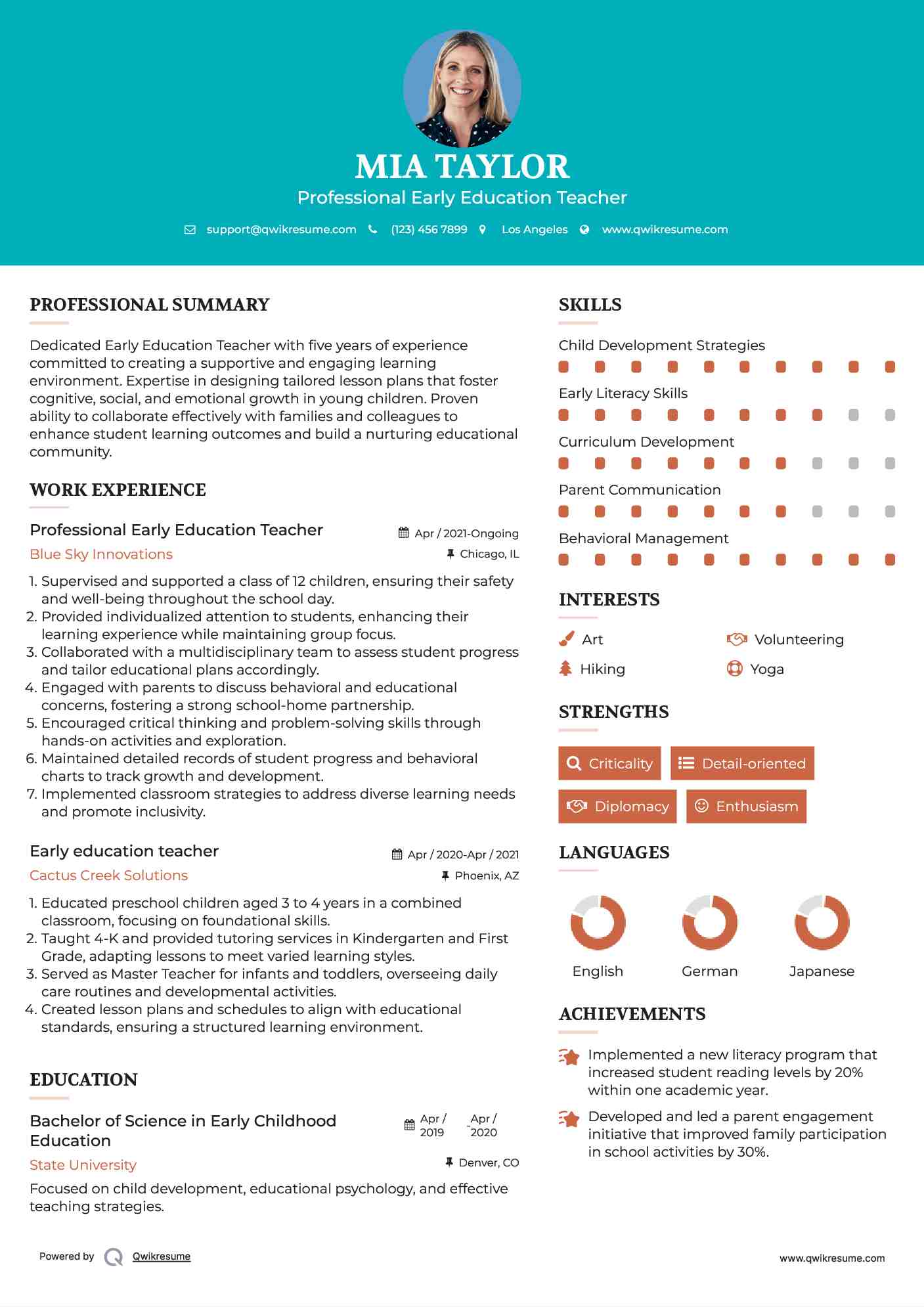 Professional Early Education Teacher
 Resume Template