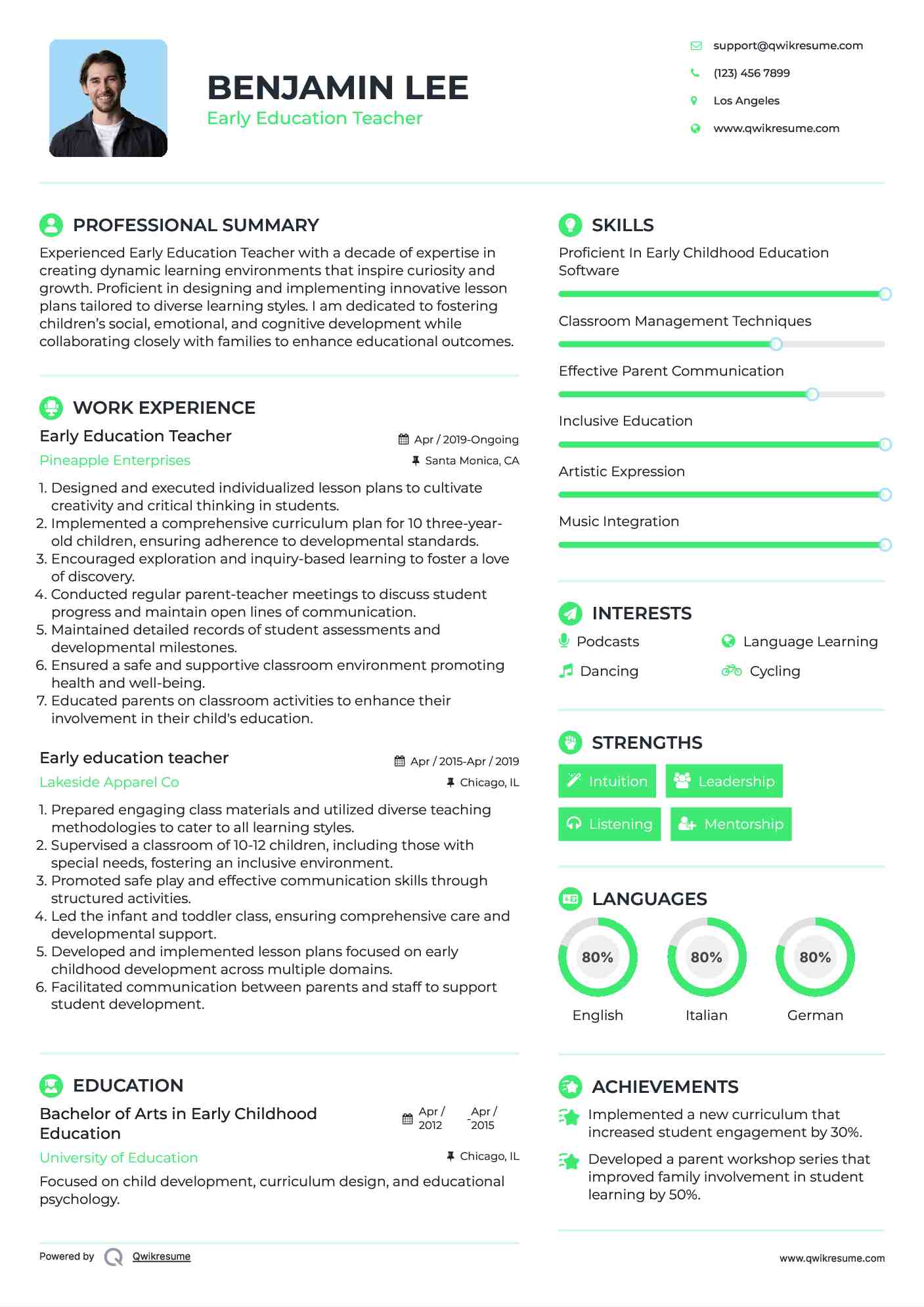Early Education Teacher
 Resume Template