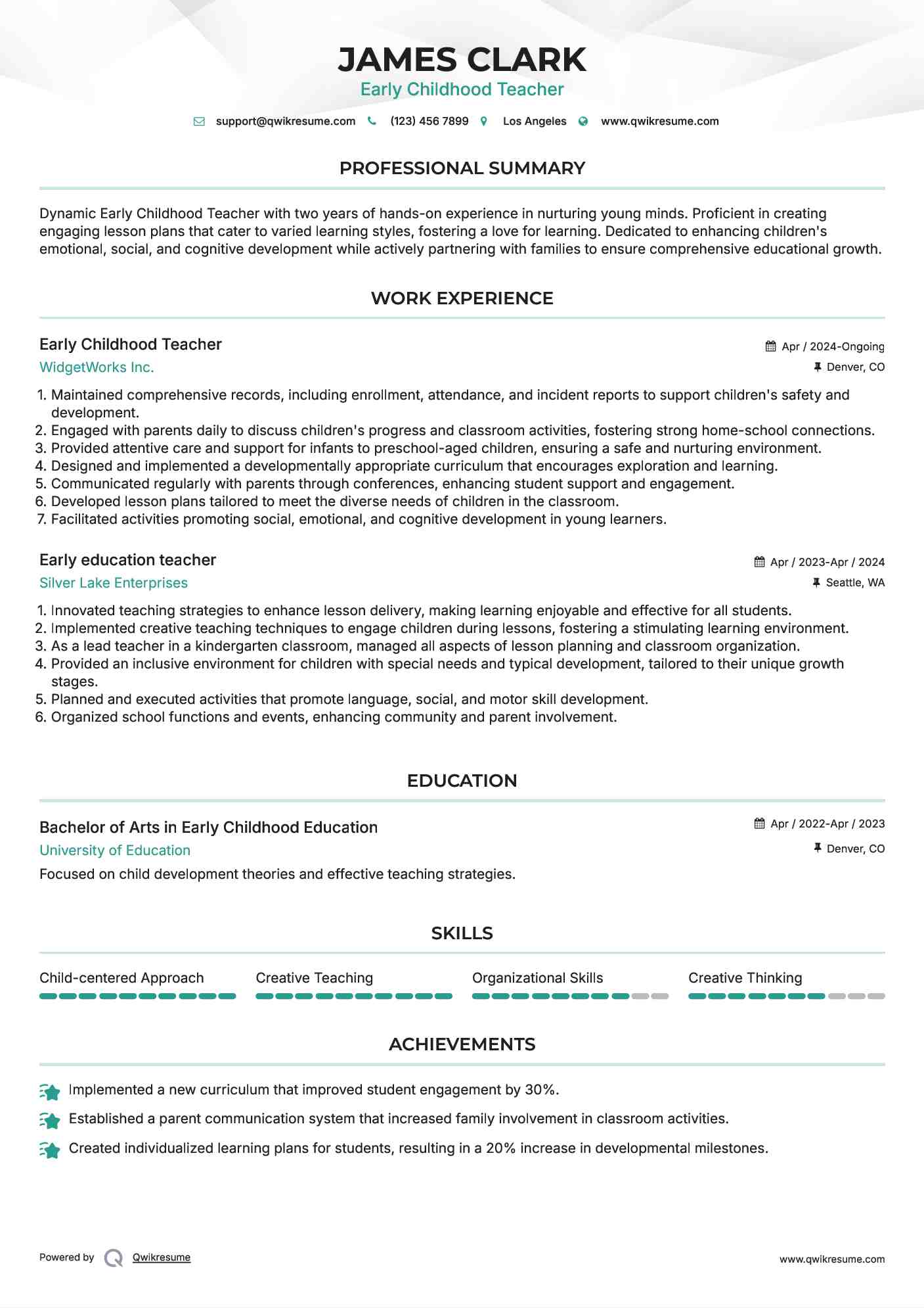 Early Childhood Teacher

 Resume Example