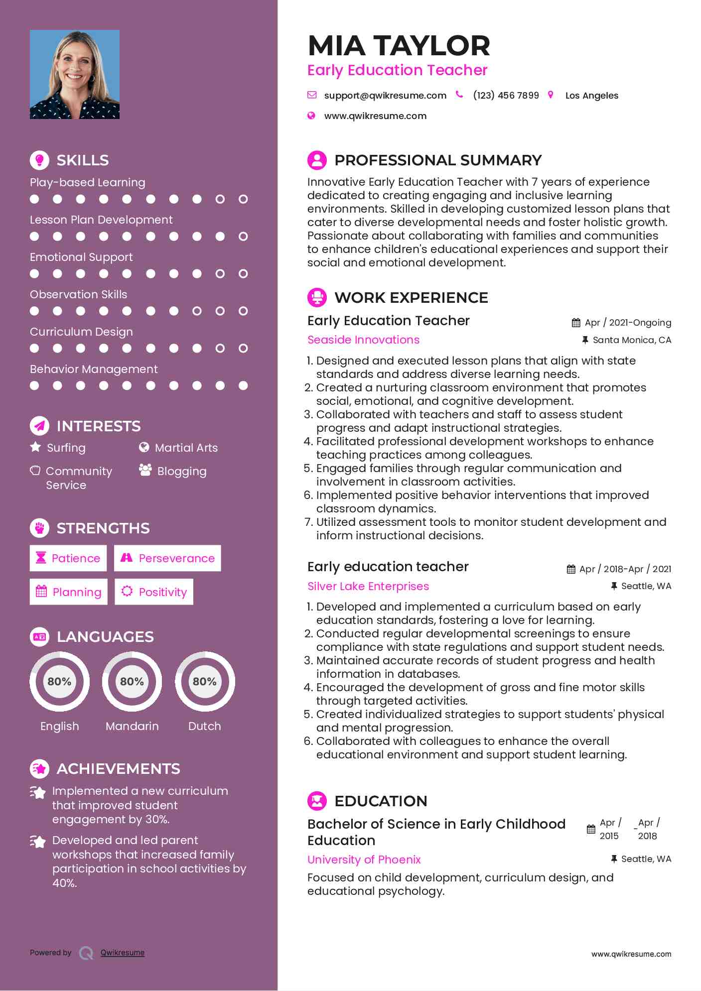 Early Education Teacher
 Resume Example